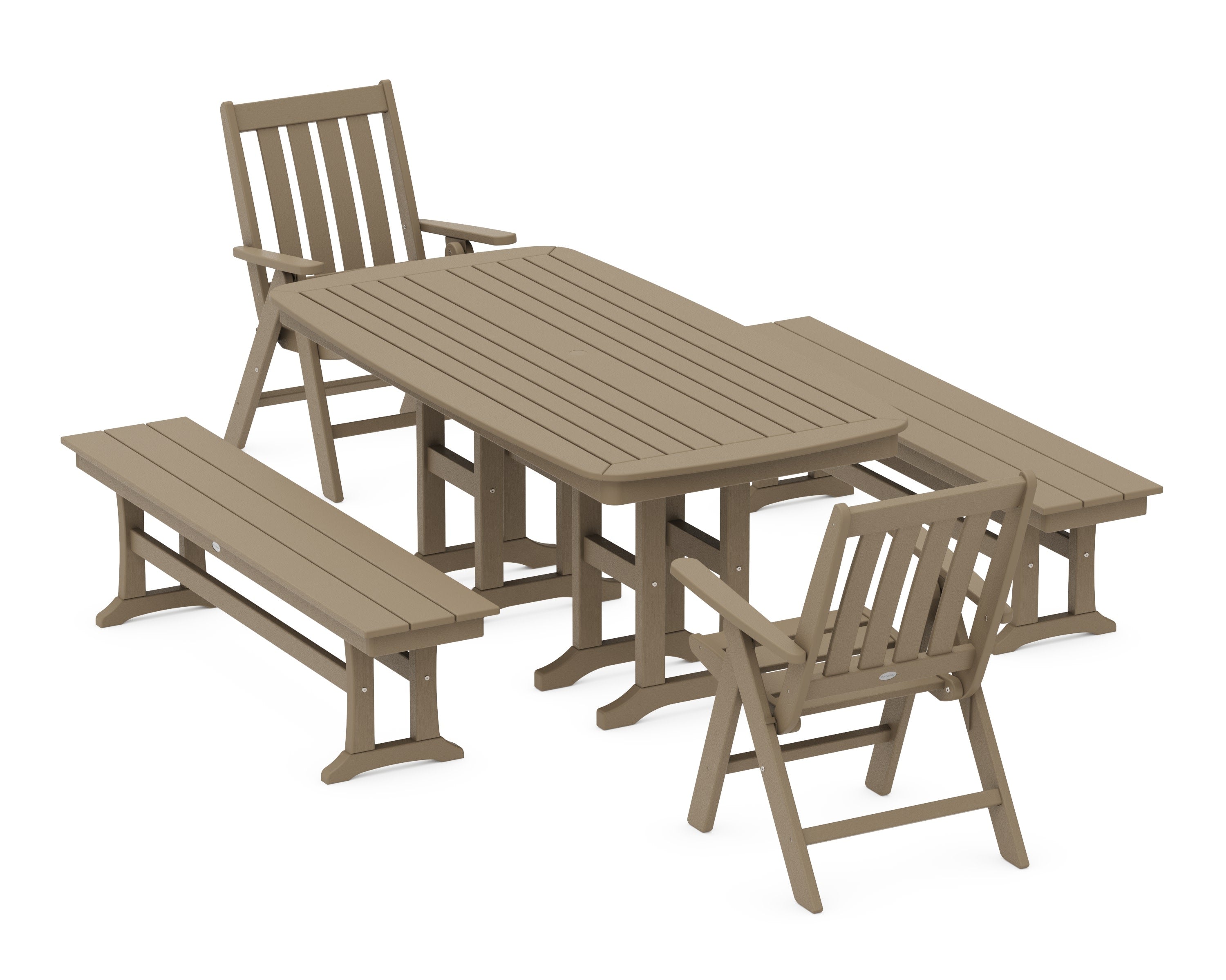 Vineyard Folding Chair 6-Piece Dining Set with Benches in Vintage Sahara