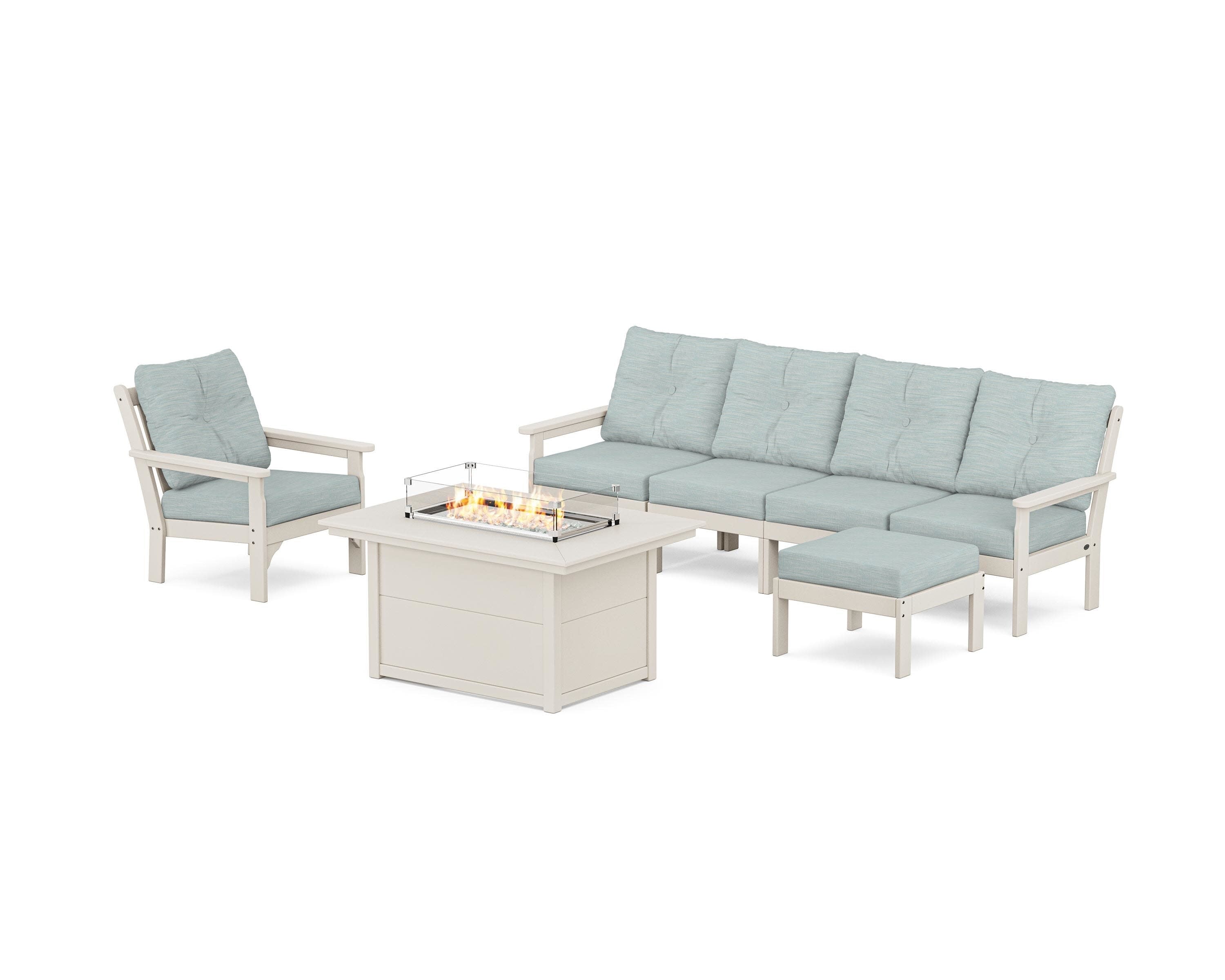 Vineyard Sectional Lounge and Fire Pit Set in Sand / Soothe Mist