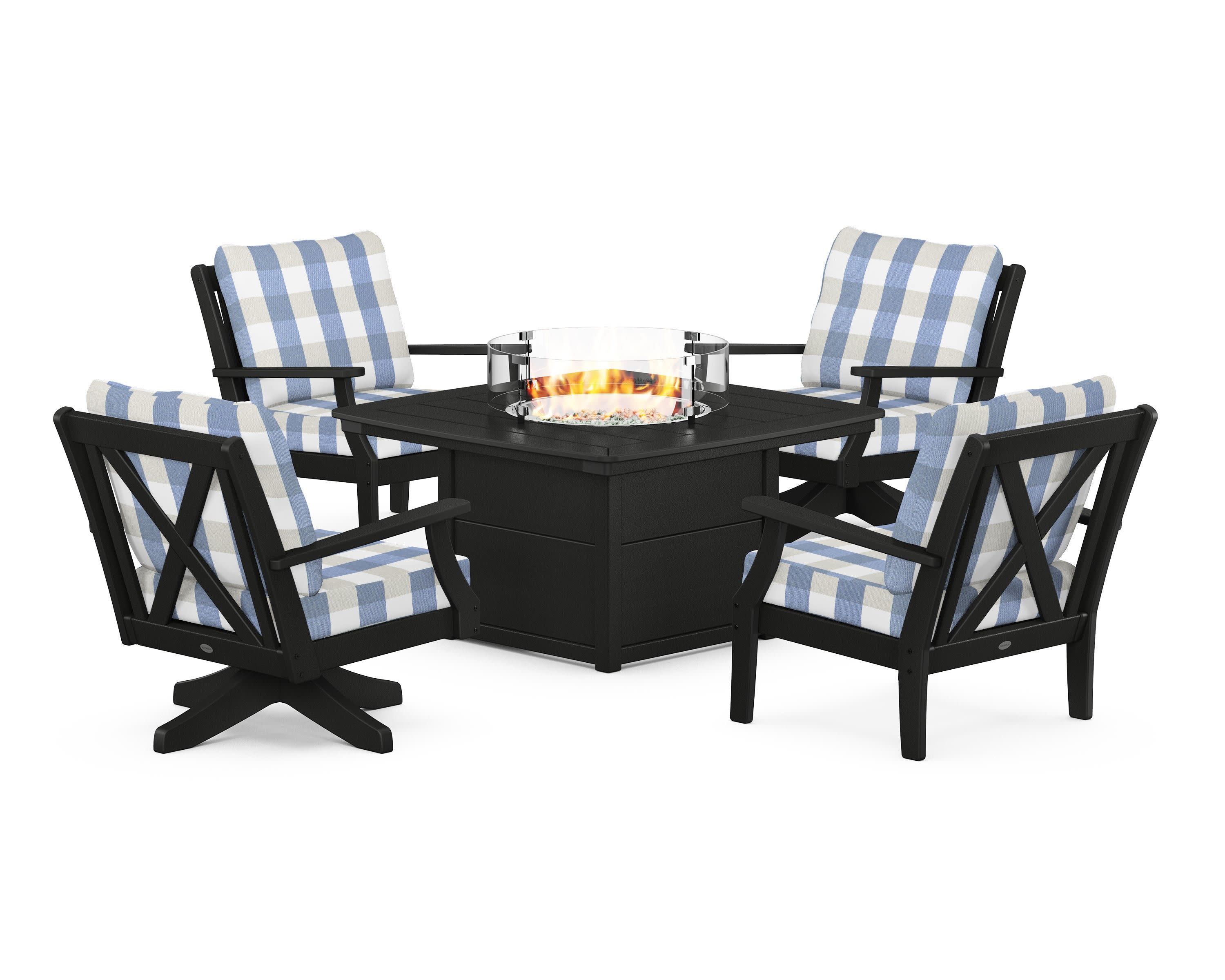 Braxton 5-Piece Deep Seating Set with Fire Table in Black / Buffalo Plaid Sky Blue