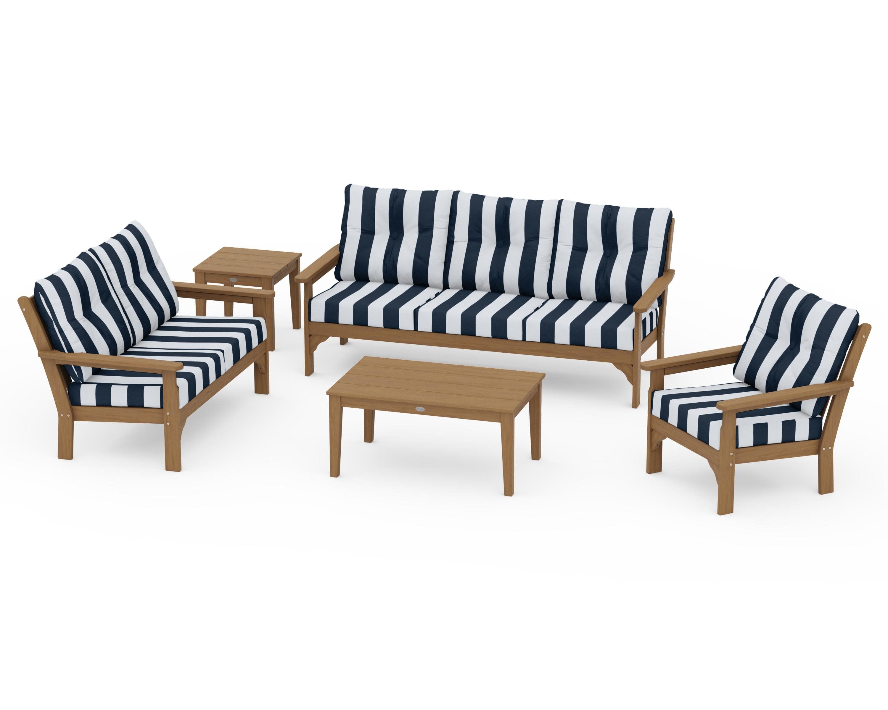 Vineyard 5 Piece Deep Seating Set in Natural / Cabana Stripe Marine Indigo