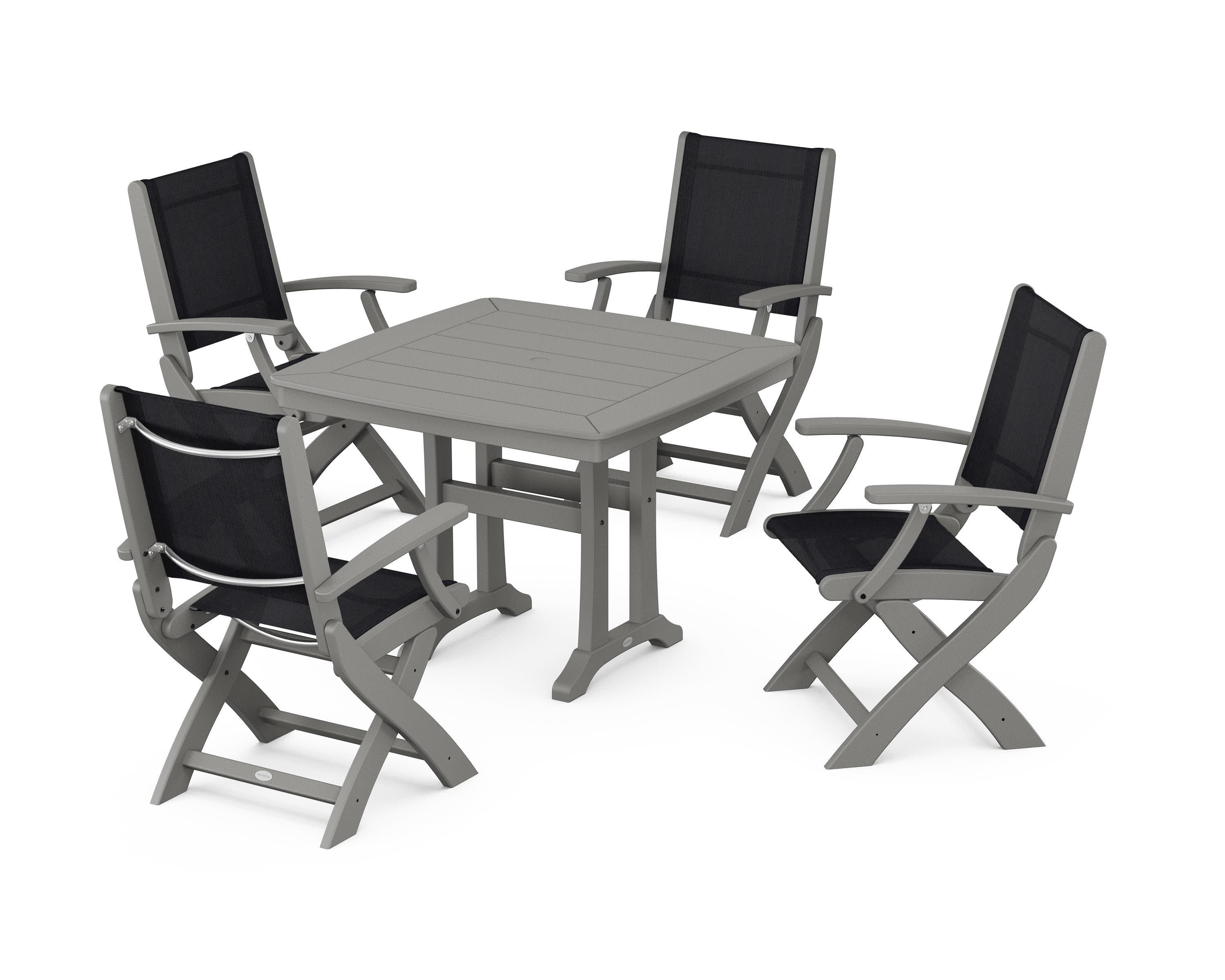 Coastal Folding Chair 5-Piece Dining Set with Trestle Legs in Slate Grey / Black Sling