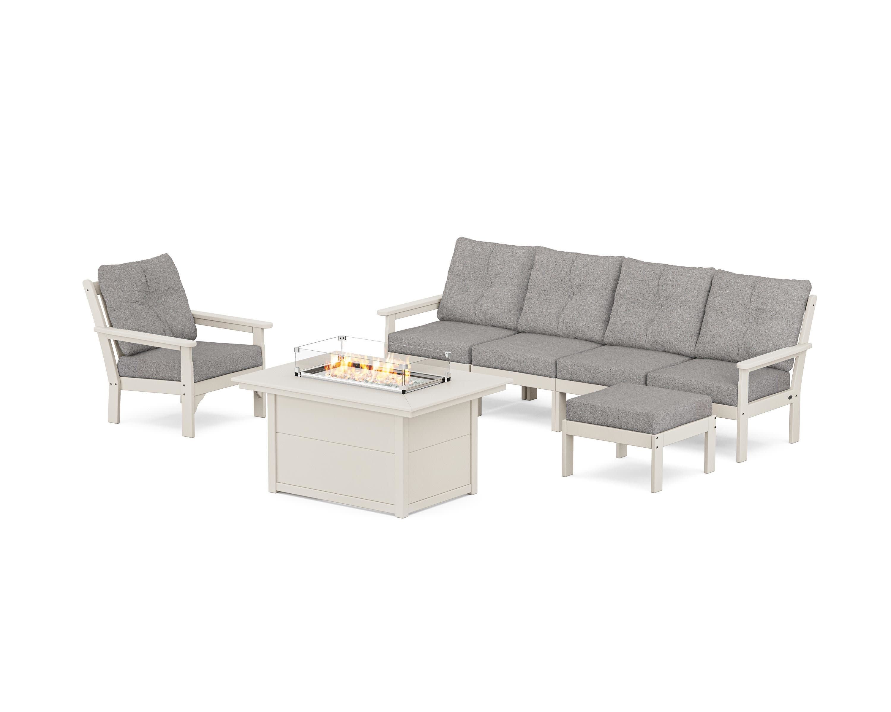 Vineyard Sectional Lounge and Fire Pit Set in Sand / Grey Mist