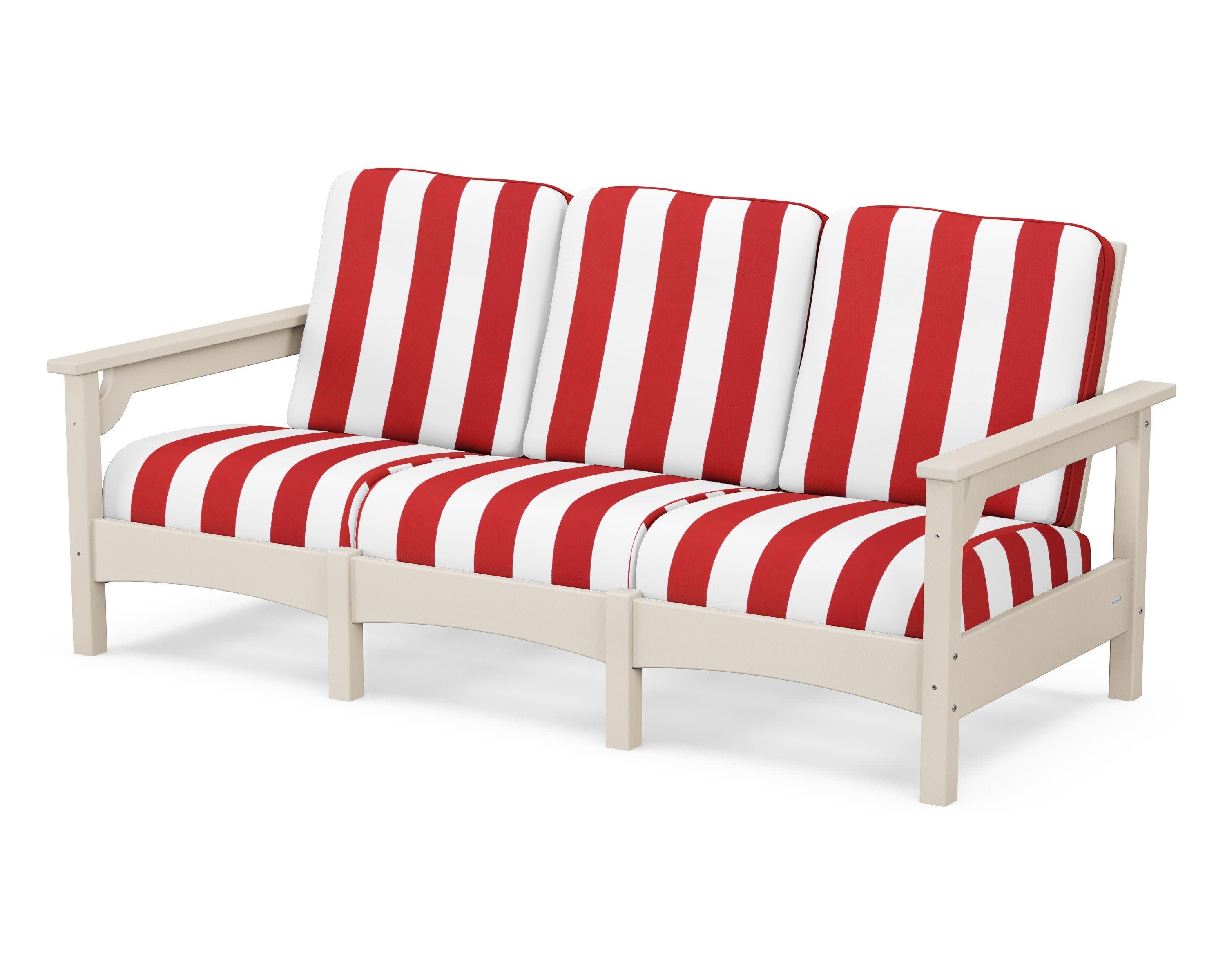Club Sofa in Sand / Cabana Stripe Crimson