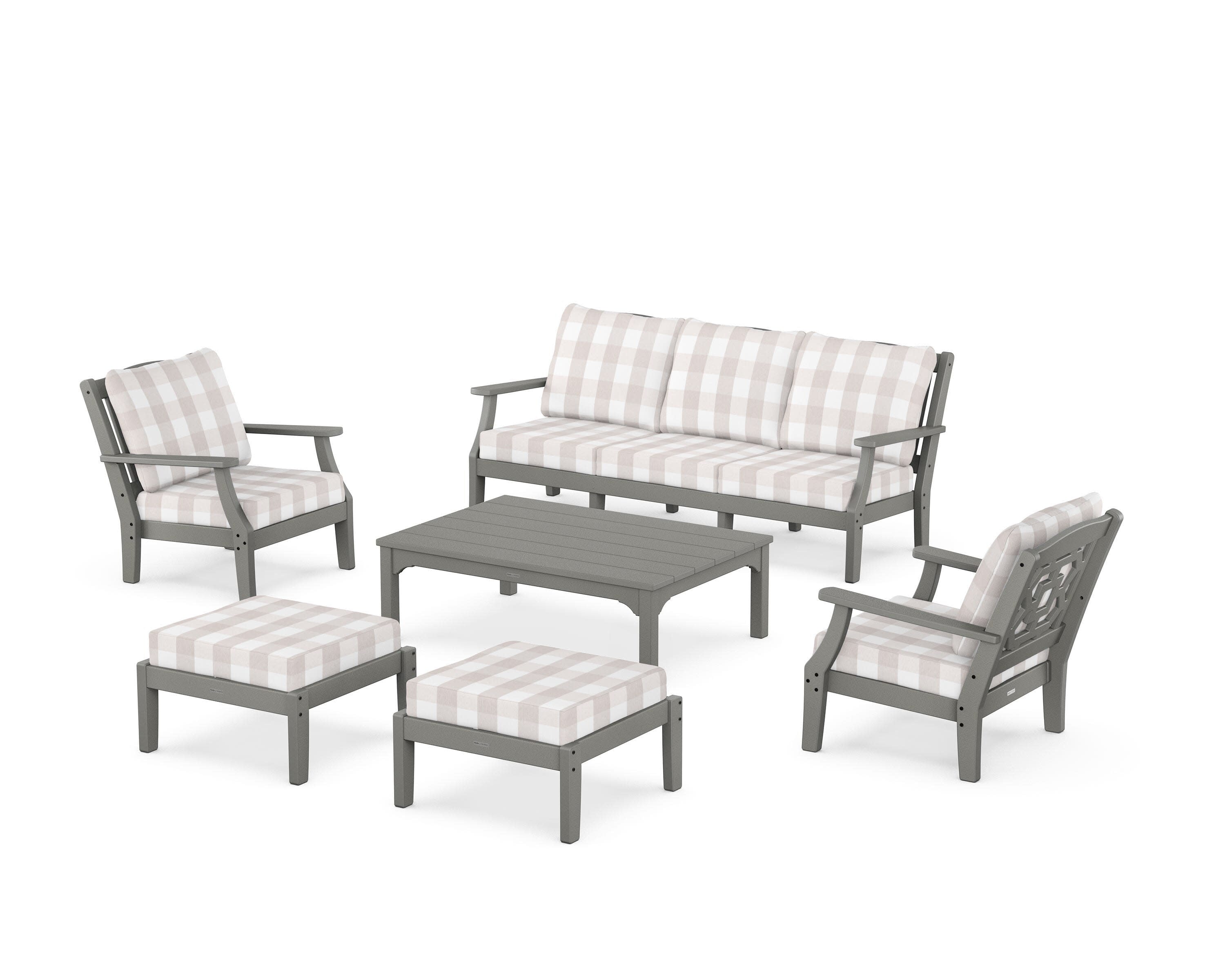 Chinoiserie 6-Piece Lounge Sofa Set in Slate Grey / Buffalo Plaid Dune Burlap