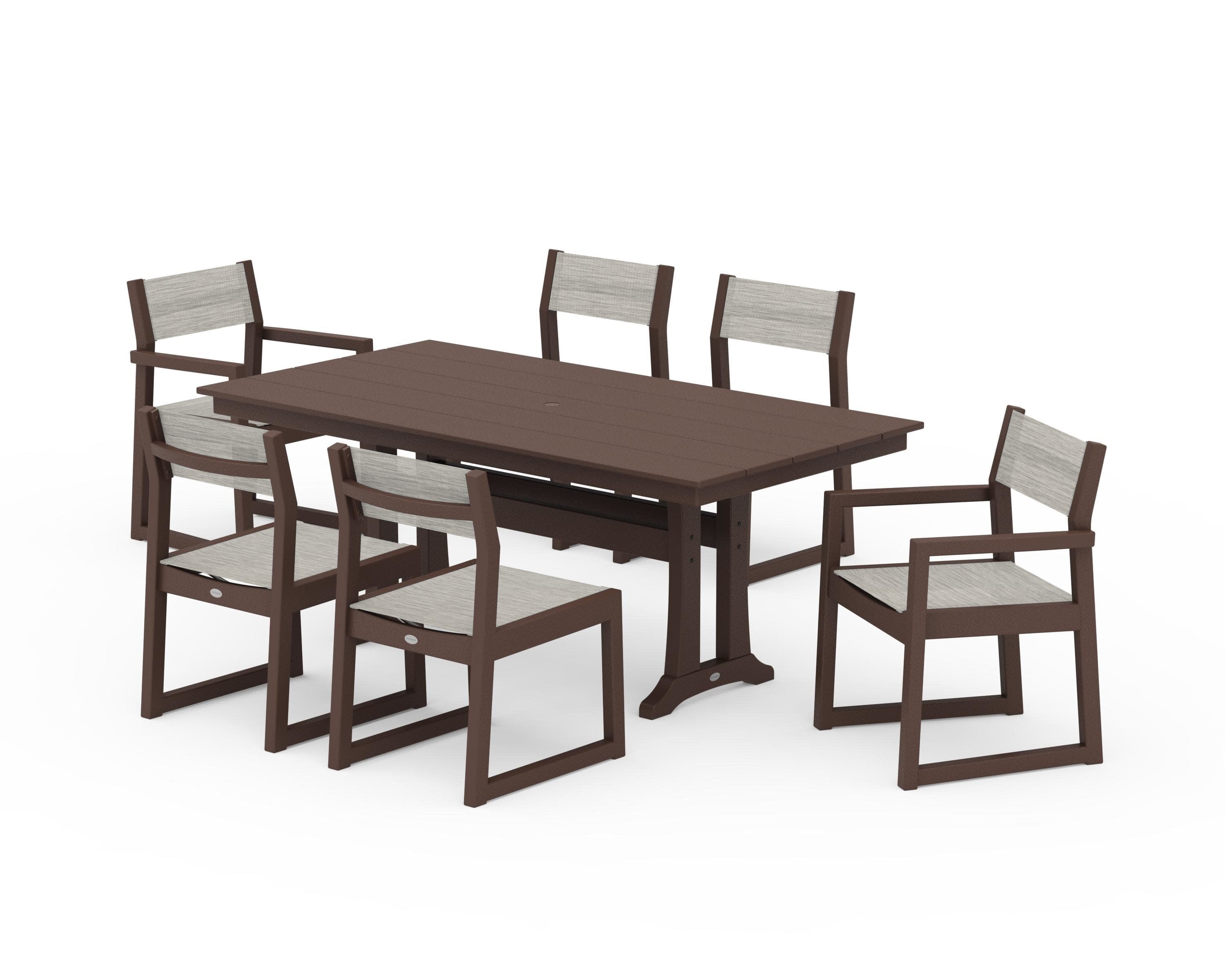 EDGE Sling 7-Piece Farmhouse Trestle Dining Set in Mahogany / Birch Sling