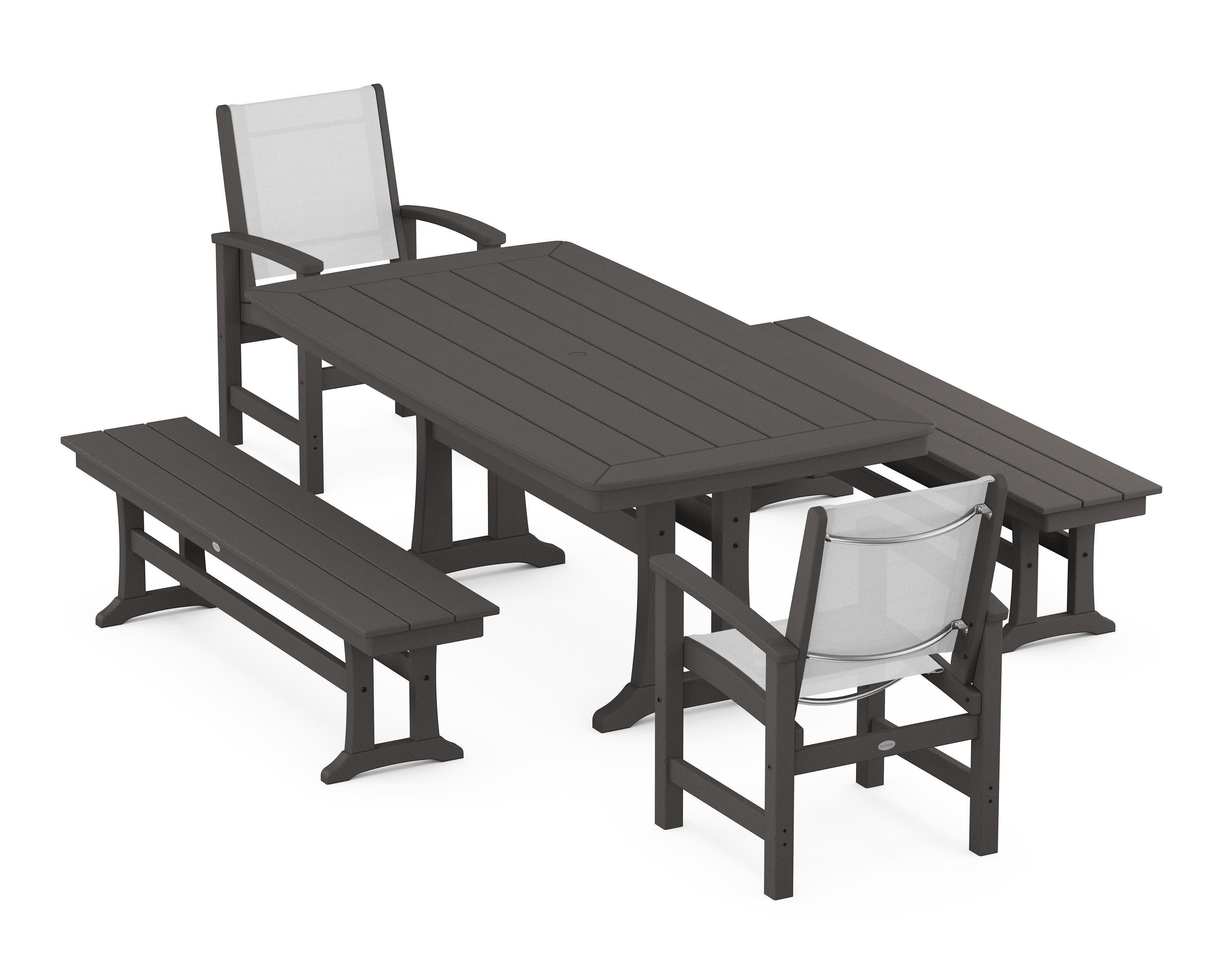 Coastal 5-Piece Dining Set with Trestle Legs and Benches in Vintage Coffee / White Sling