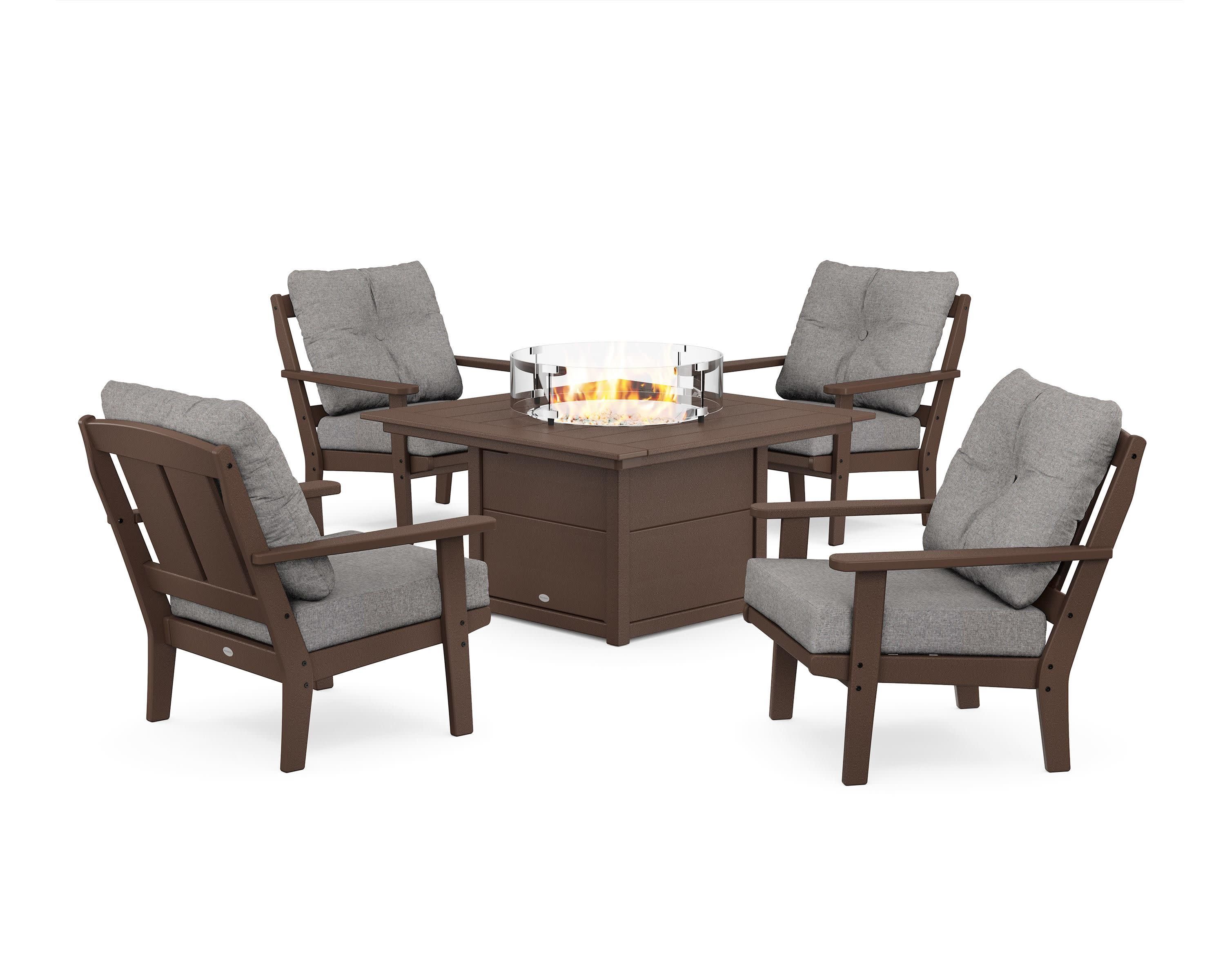 Mission 5-Piece Deep Seating Set with Fire Pit Table in Mahogany / Grey Mist