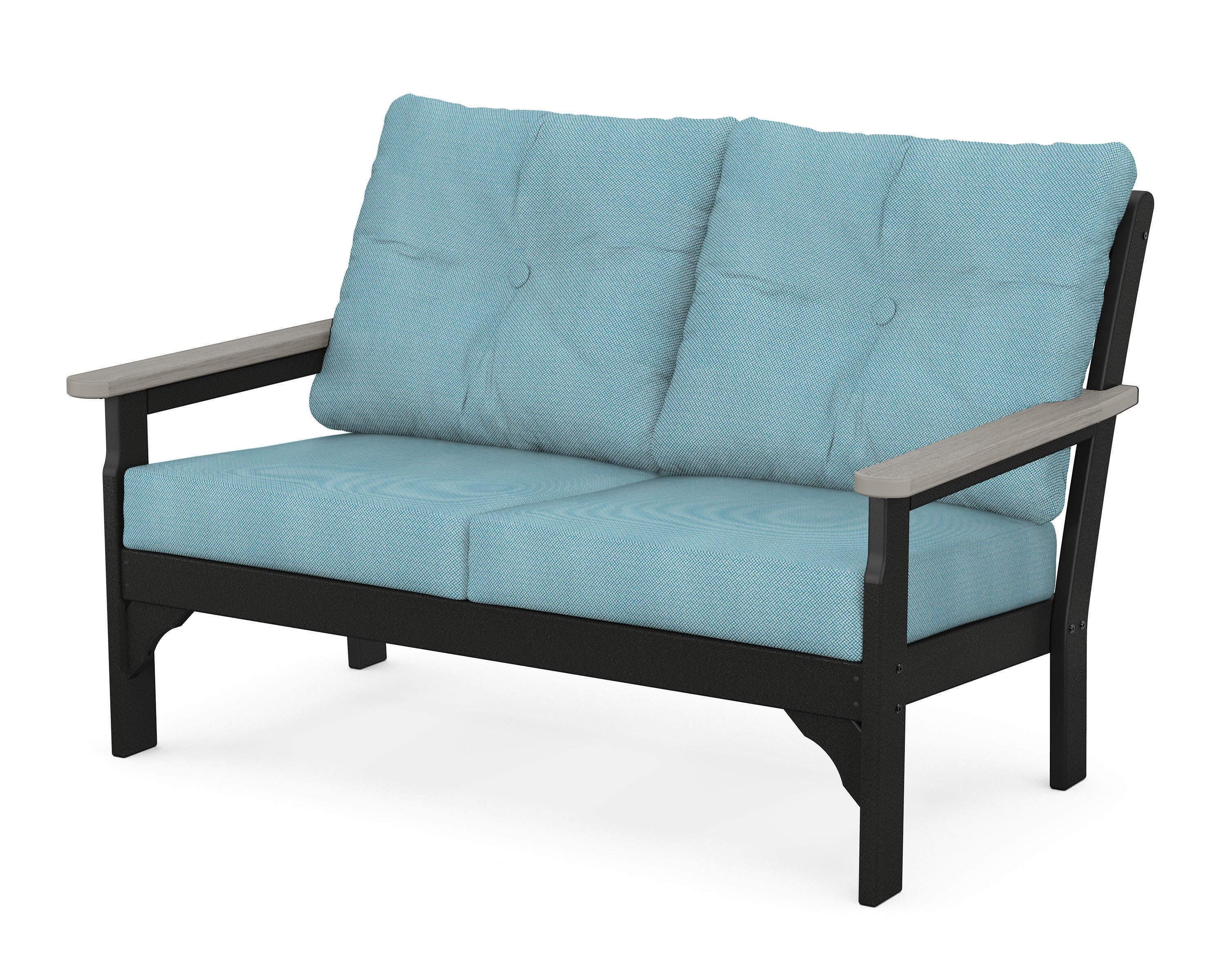 Vineyard Deep Seating Loveseat in Black / Driftwood / Lattice Sky Blue
