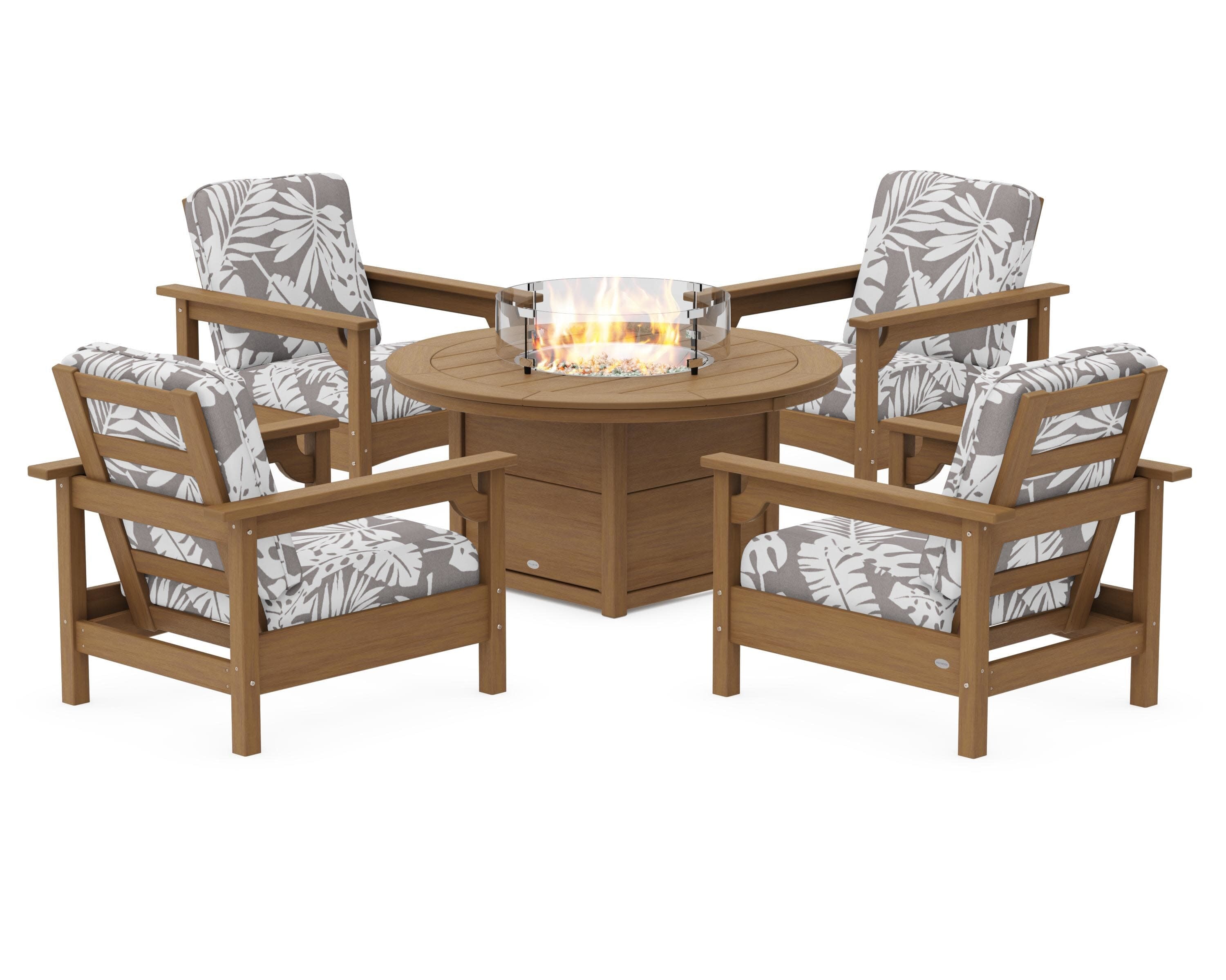 Club 5-Piece Conversation Set with Fire Pit Table in Natural / Leaf Grey Mist