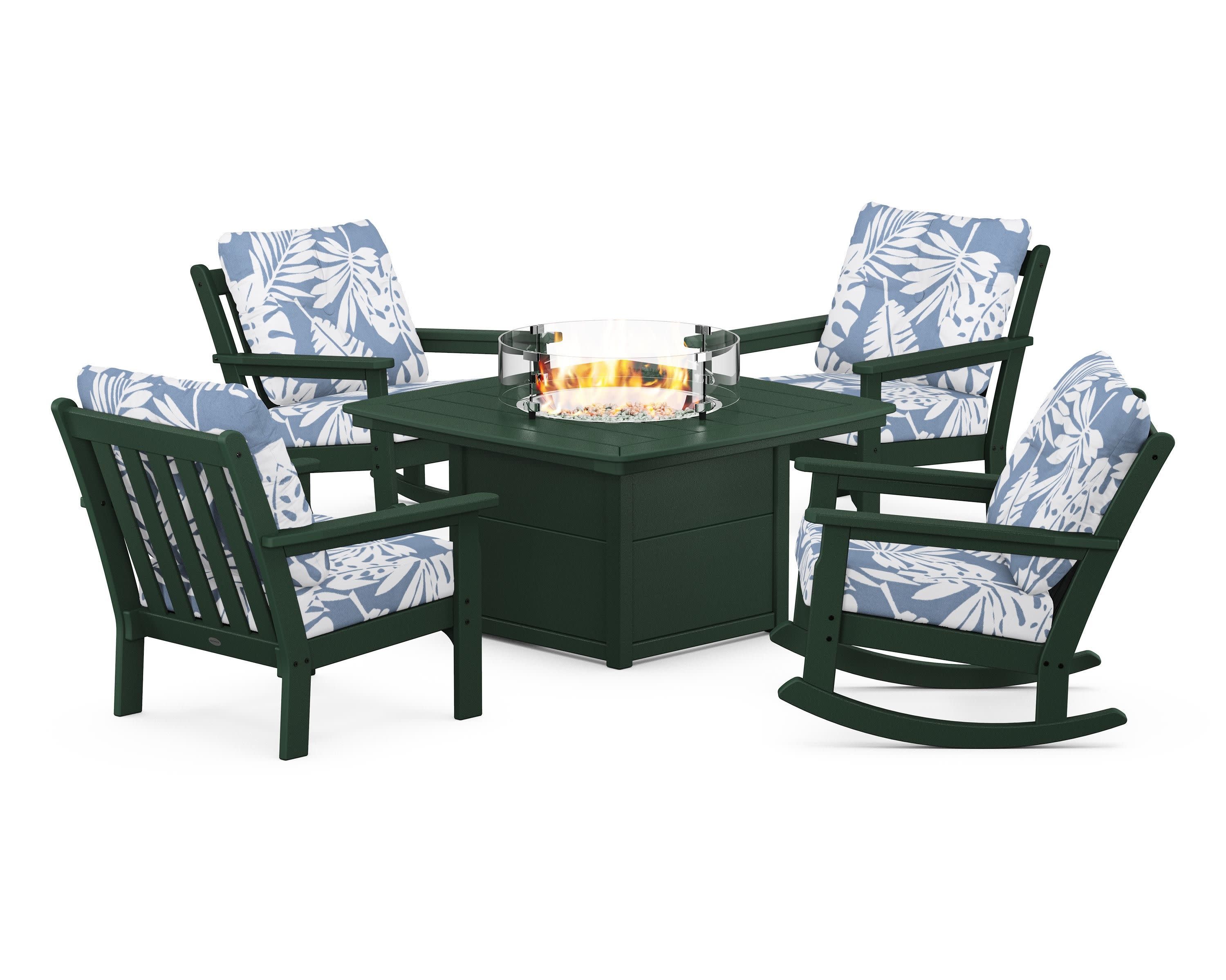 Vineyard 5-Piece Deep Seating Rocking Chair Conversation Set with Fire Pit Table in Green / Leaf Sky Blue