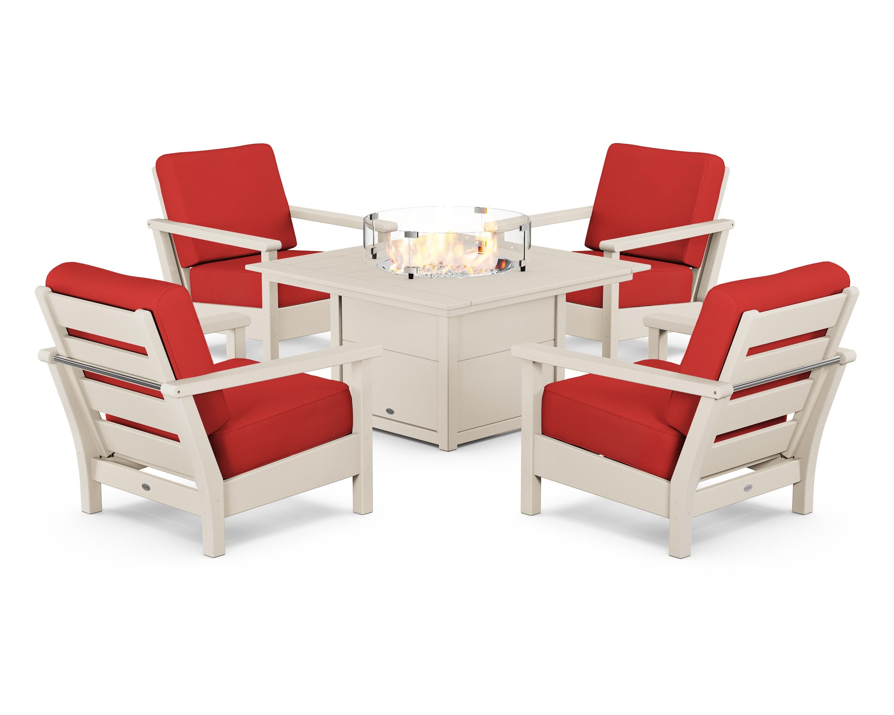Harbour 5-Piece Conversation Set with Fire Pit Table in Sand / Crimson Linen