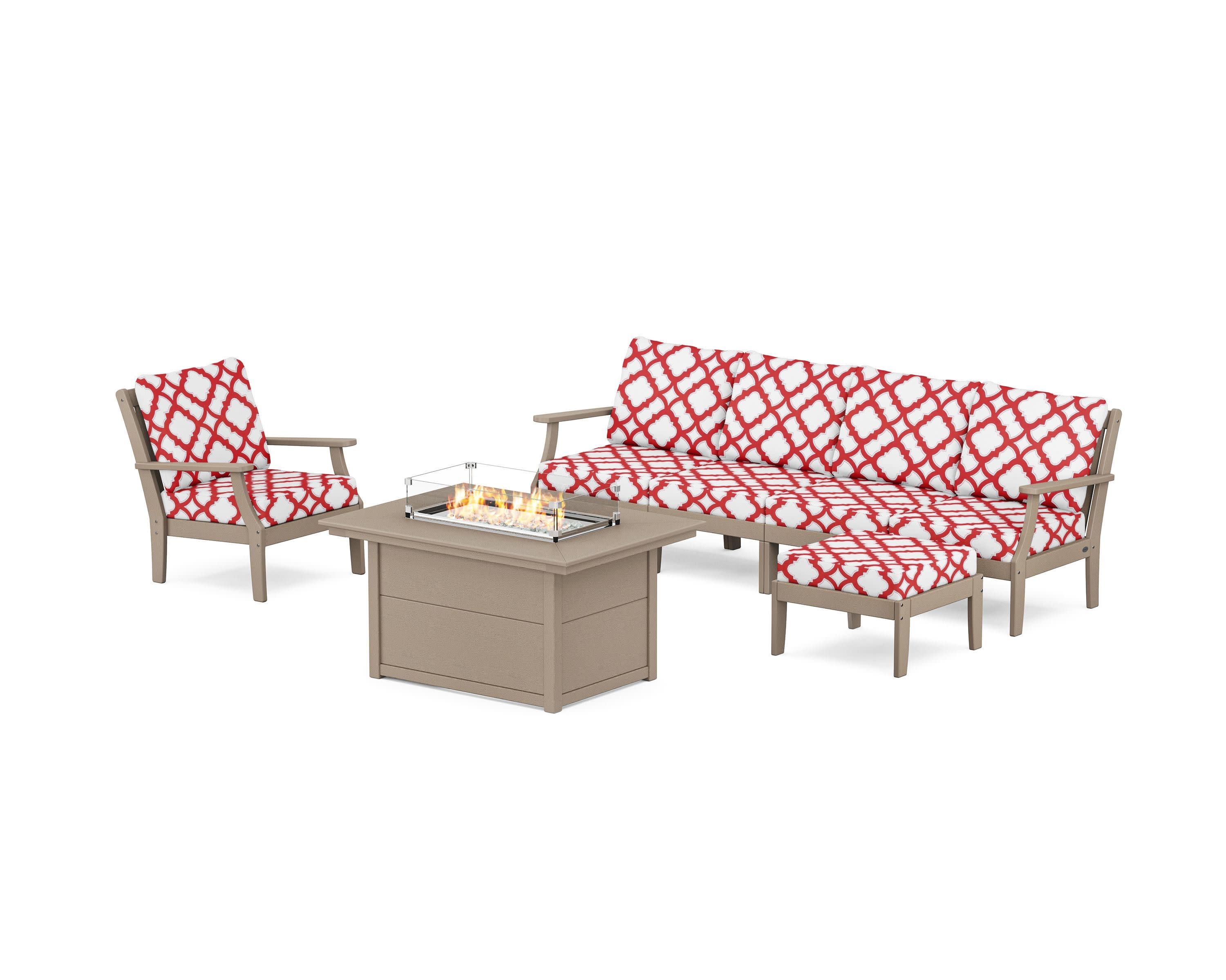 Braxton Sectional Lounge and Fire Pit Set in Vintage Sahara / Trellis Crimson