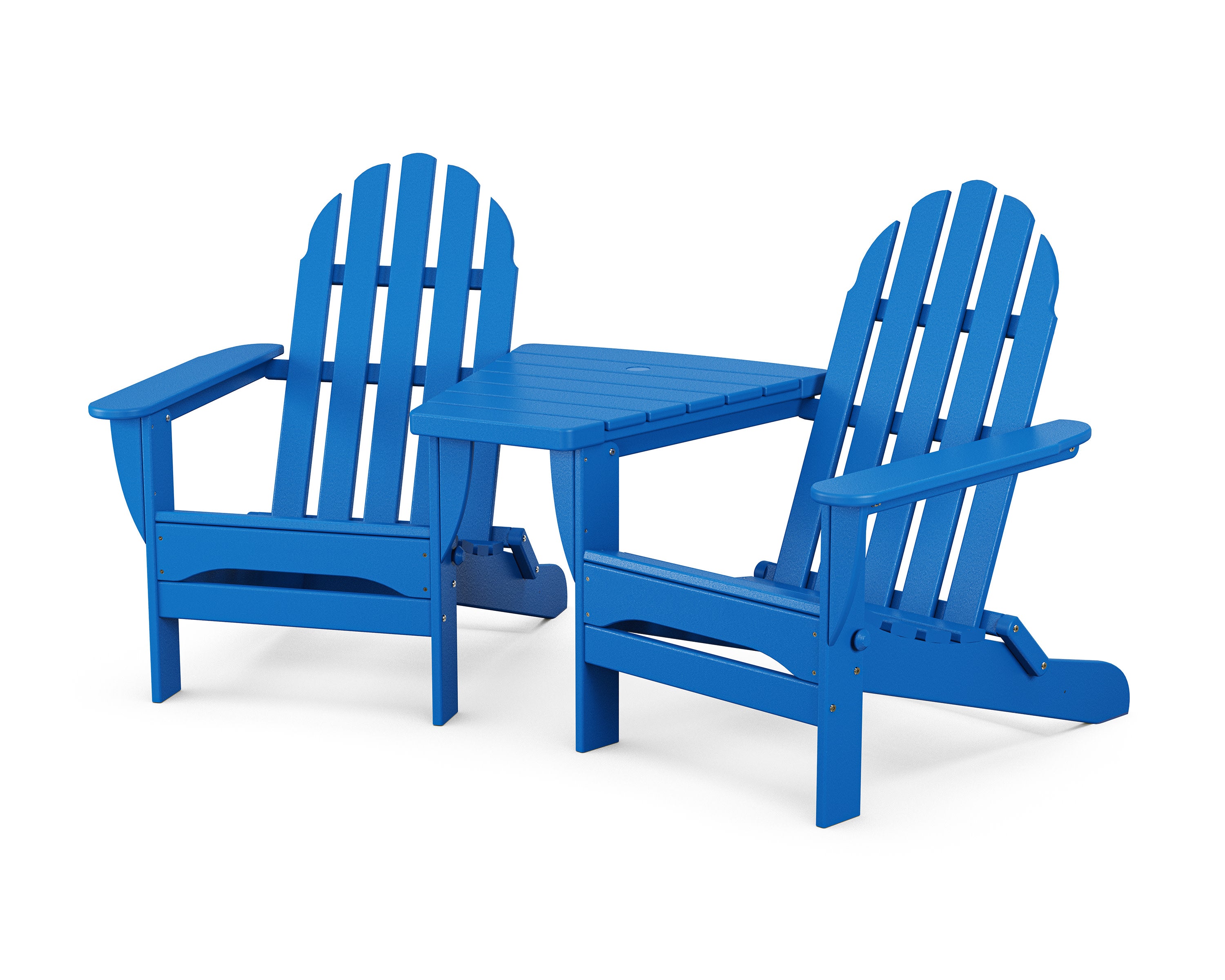 Classic Folding Adirondacks with Angled Connecting Table in Pacific Blue