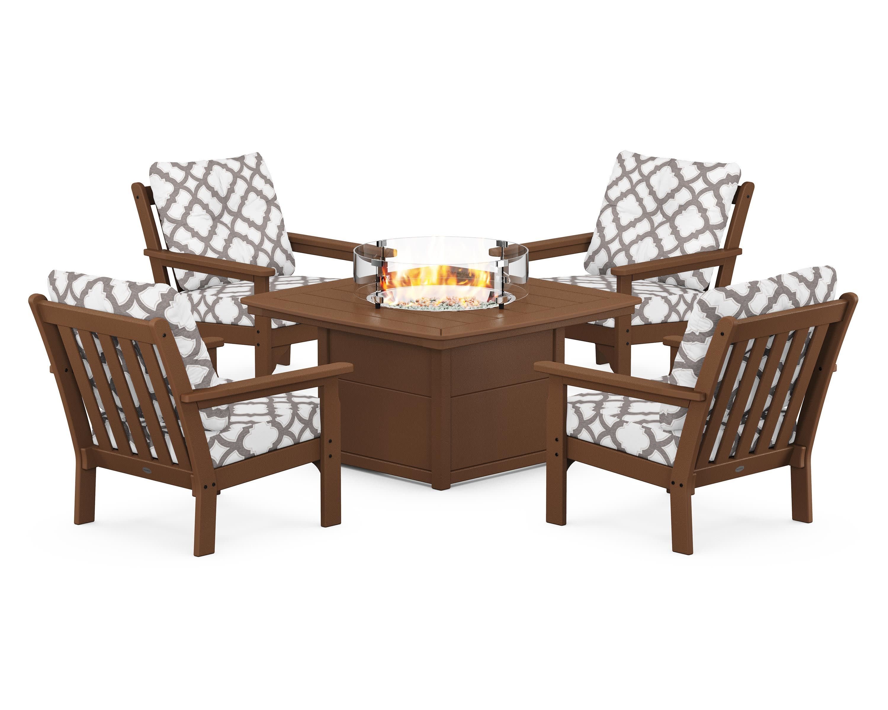 Vineyard 5-Piece Conversation Set with Fire Pit Table in Teak / Trellis Grey Mist