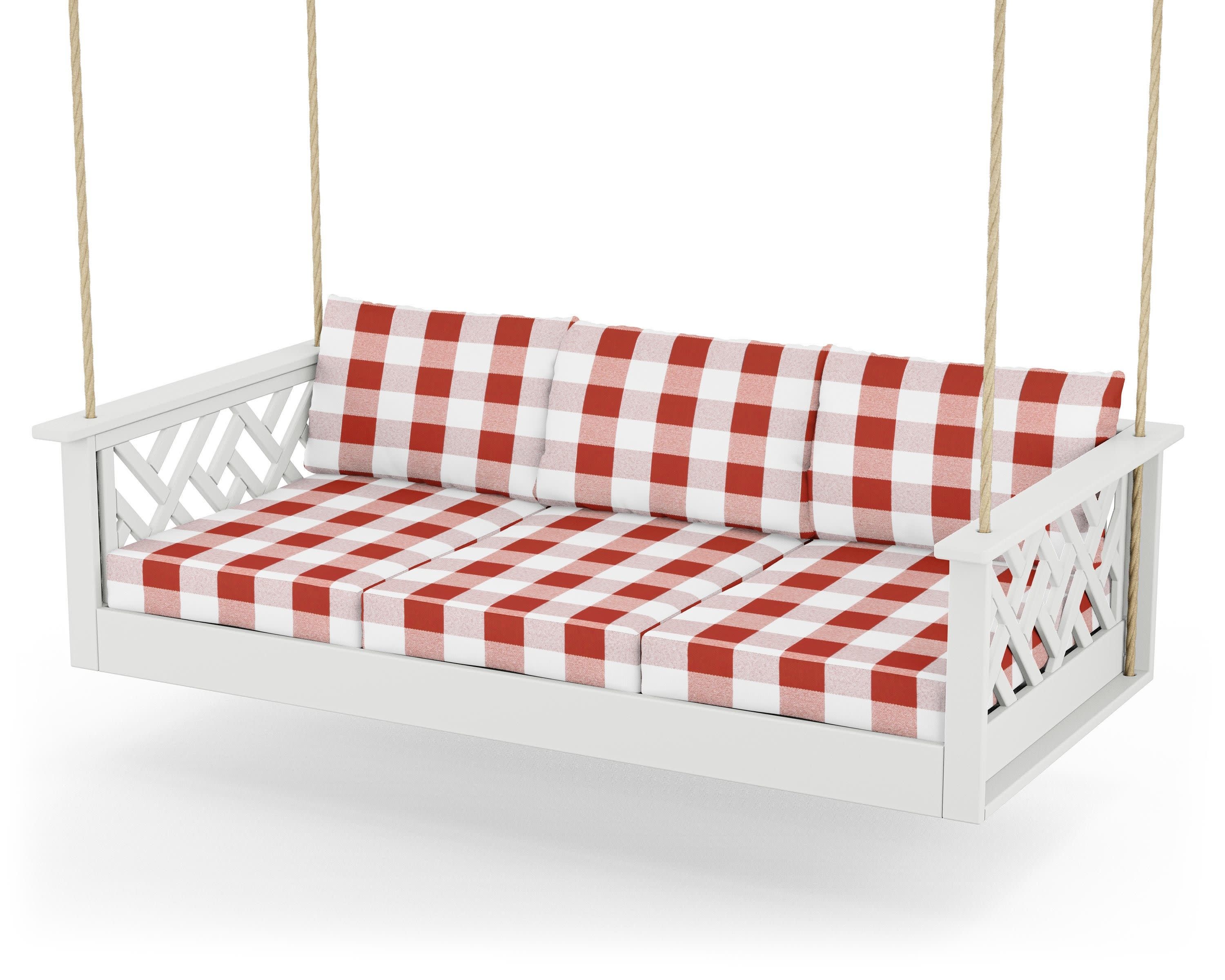 Chippendale Daybed Swing in White / Buffalo Plaid Crimson