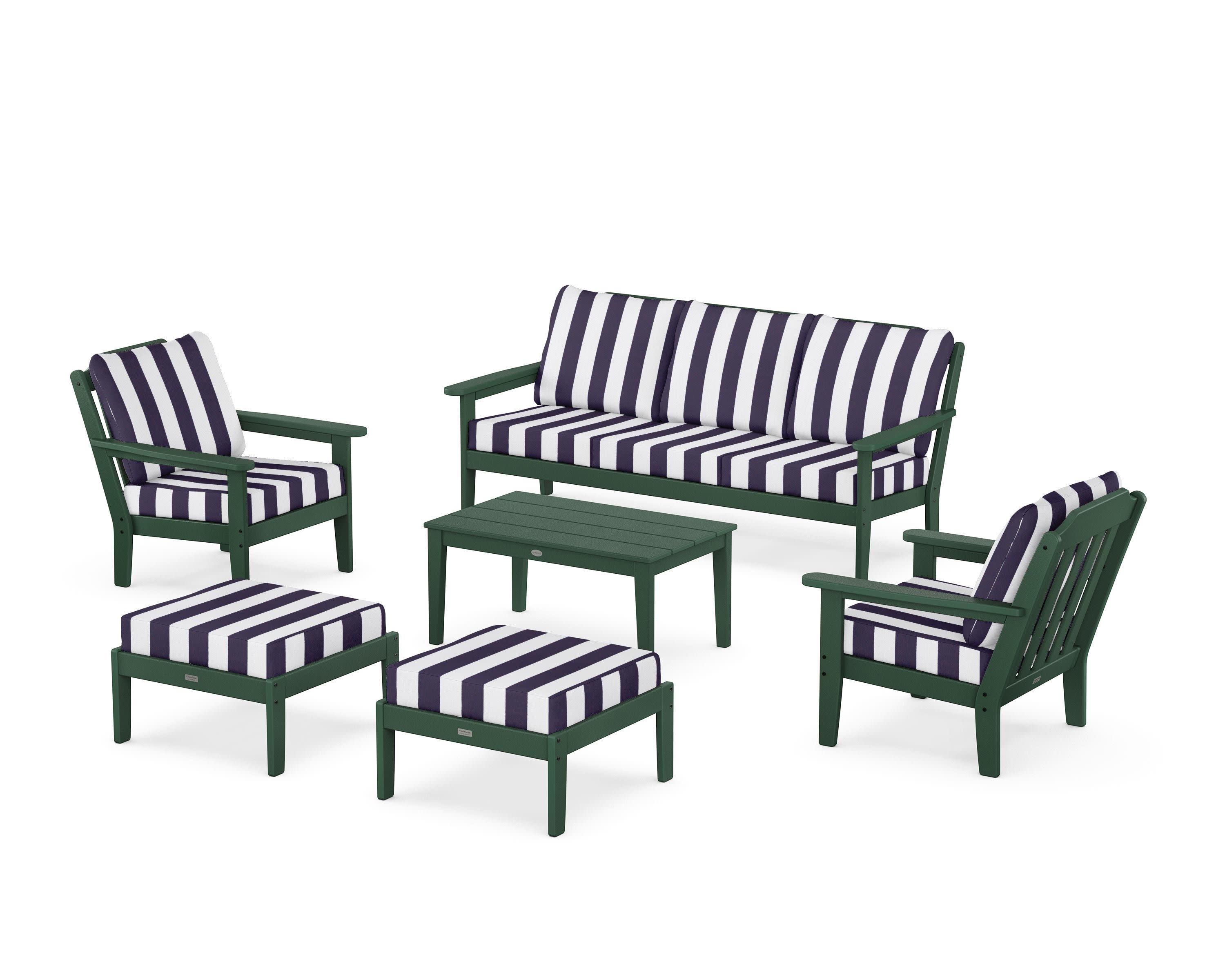 Cottage 6-Piece Lounge Sofa Set in Green / Cabana Stripe Navy