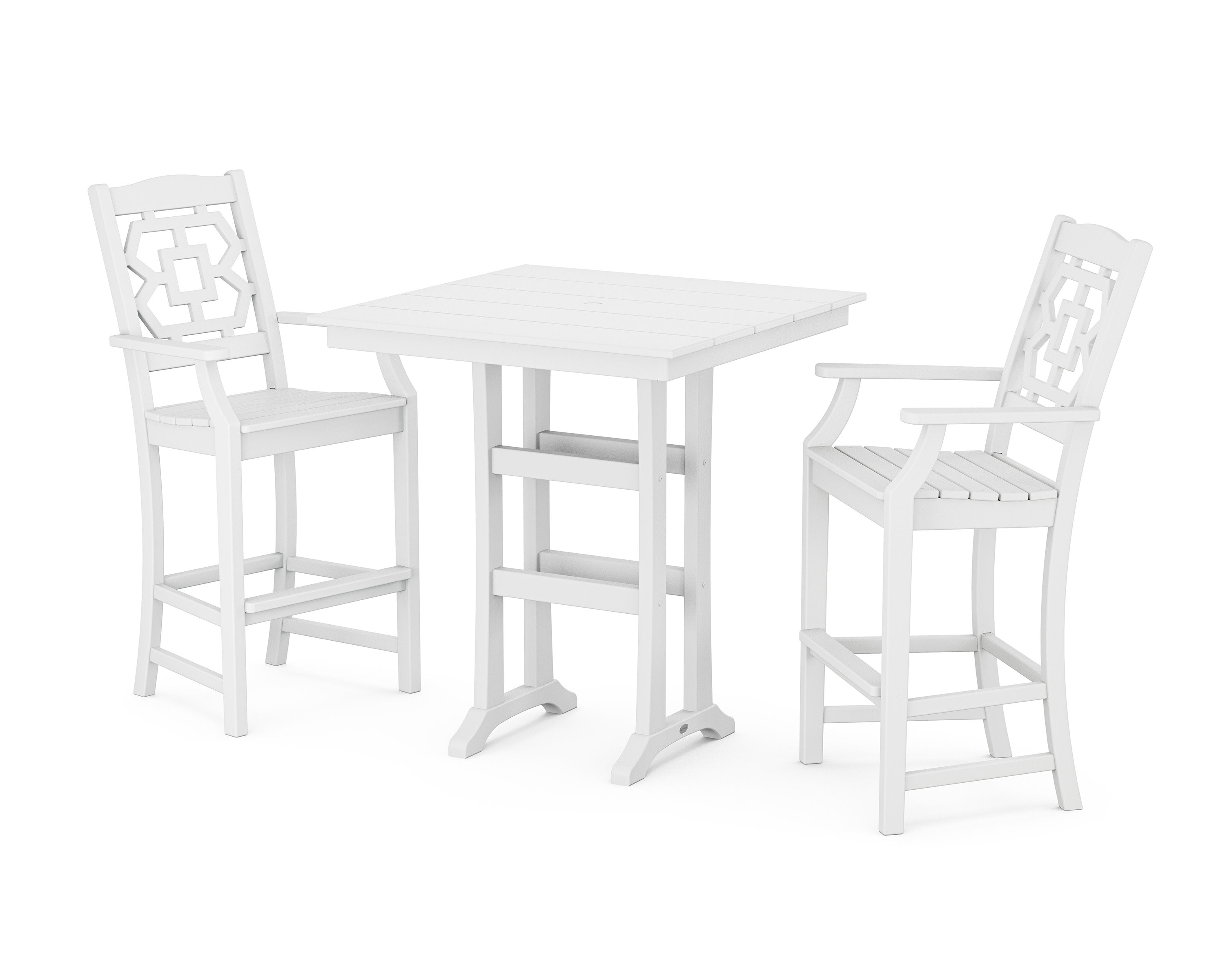 Chinoiserie 3-Piece Farmhouse Bar Set with Trestle Legs in White