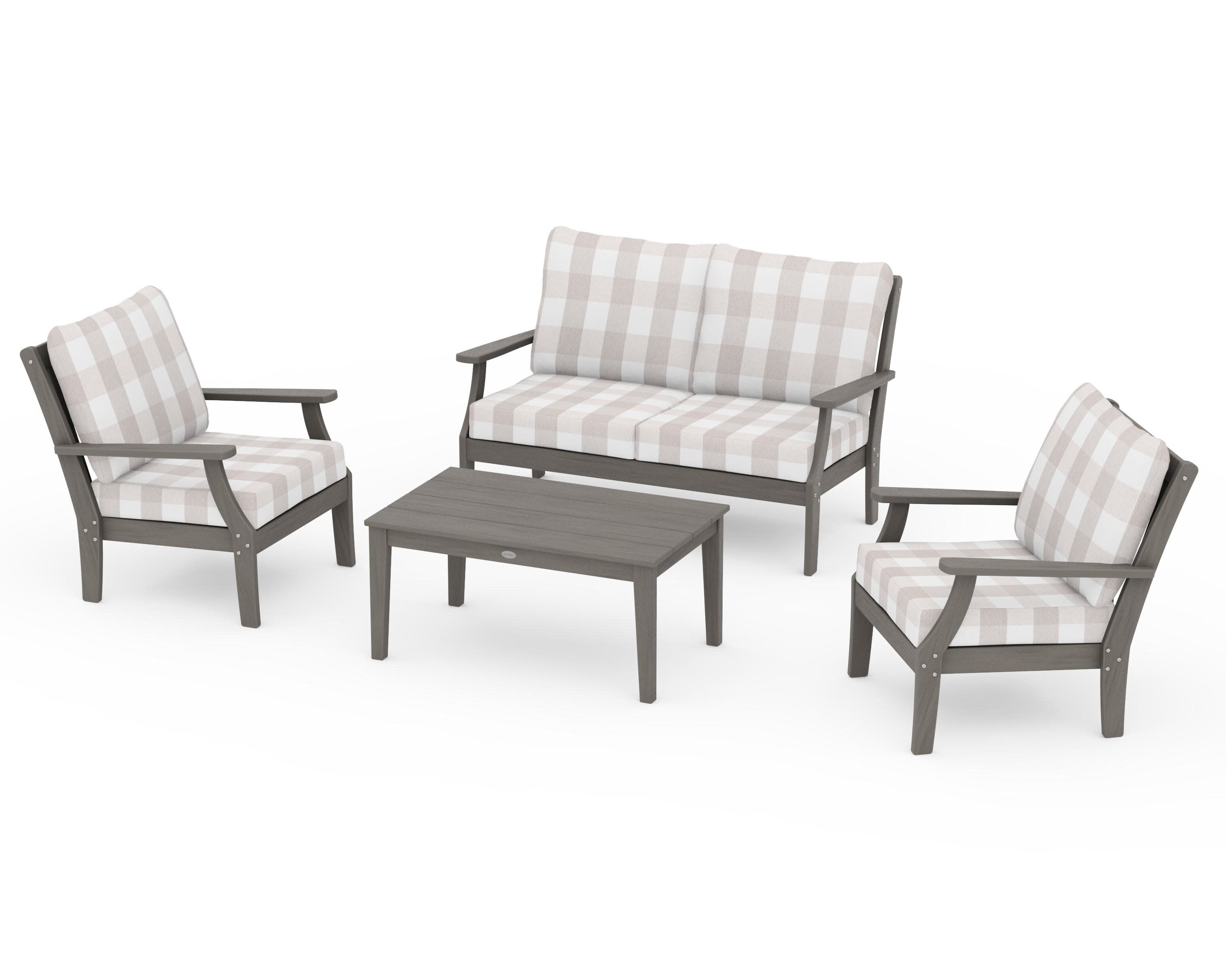 Braxton 4-Piece Deep Seating Chair Set in Driftwood / Buffalo Plaid Dune Burlap