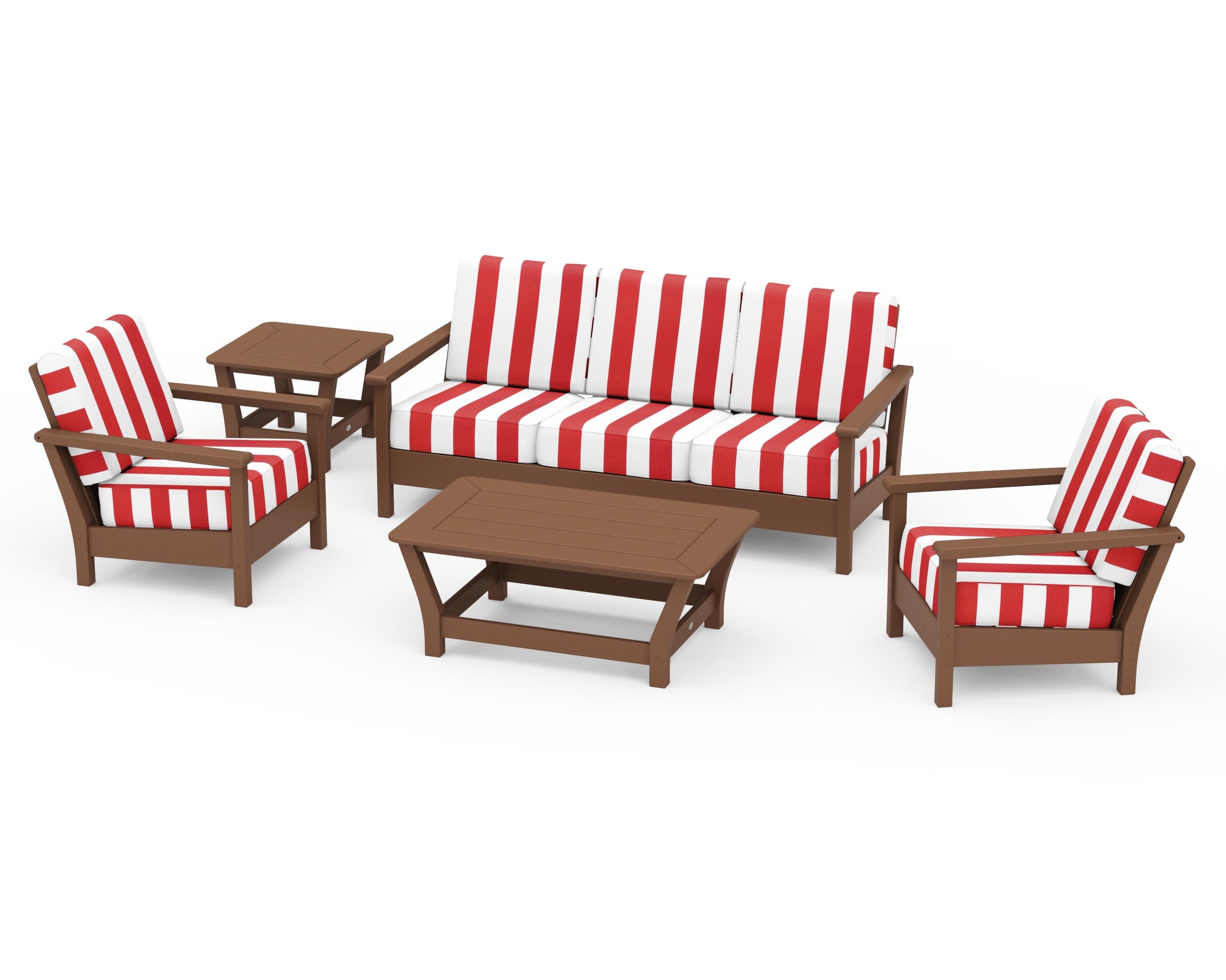 Harbour 5-Piece Deep Seating Set in Teak / Cabana Stripe Crimson