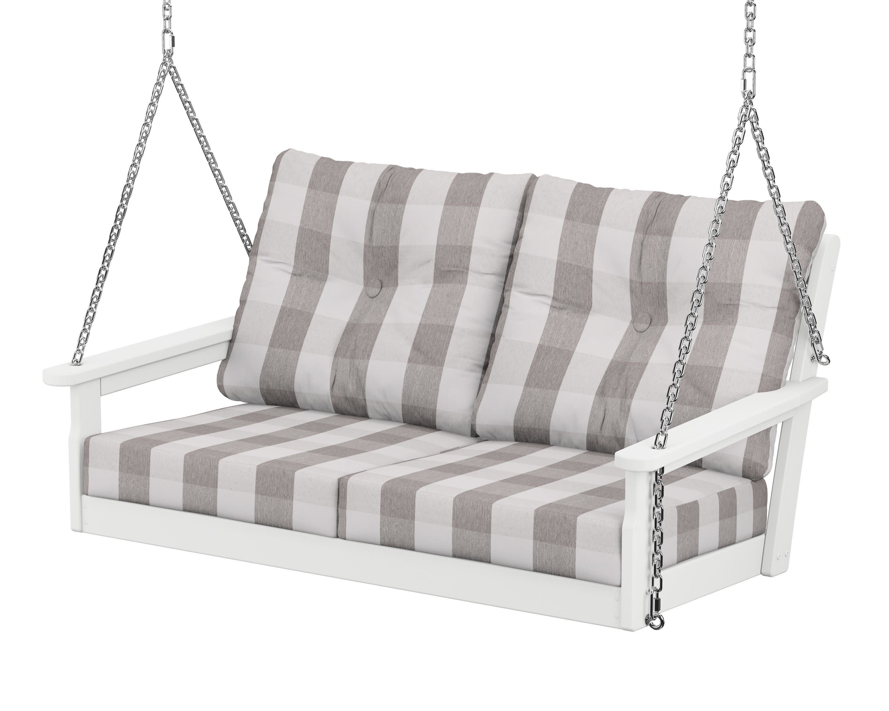 Vineyard Deep Seating Swing in White / Buffalo Plaid Grey Mist