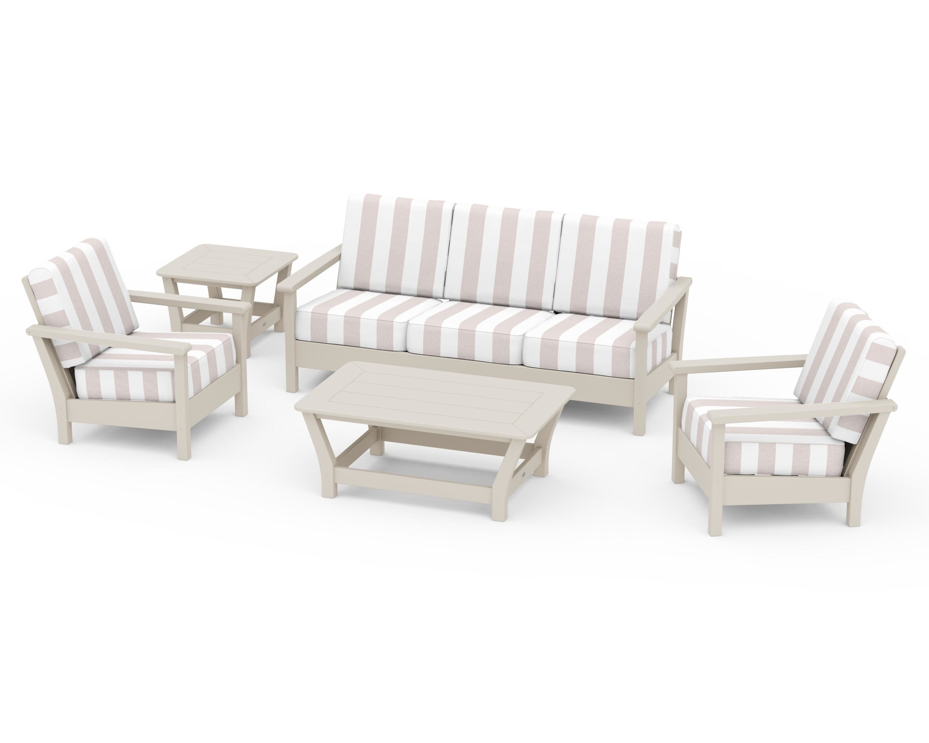 Harbour 5-Piece Deep Seating Set in Sand / Cabana Stripe Dune Burlap