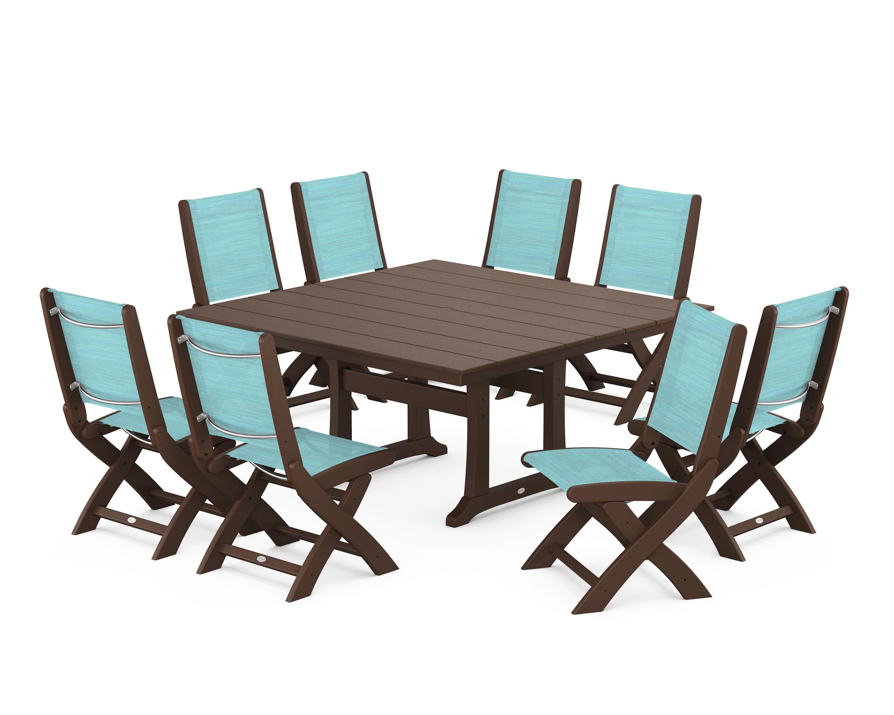 Coastal Folding Side Chair 9-Piece Farmhouse Dining Set in Mahogany / Dupioni Aquamarine Sling