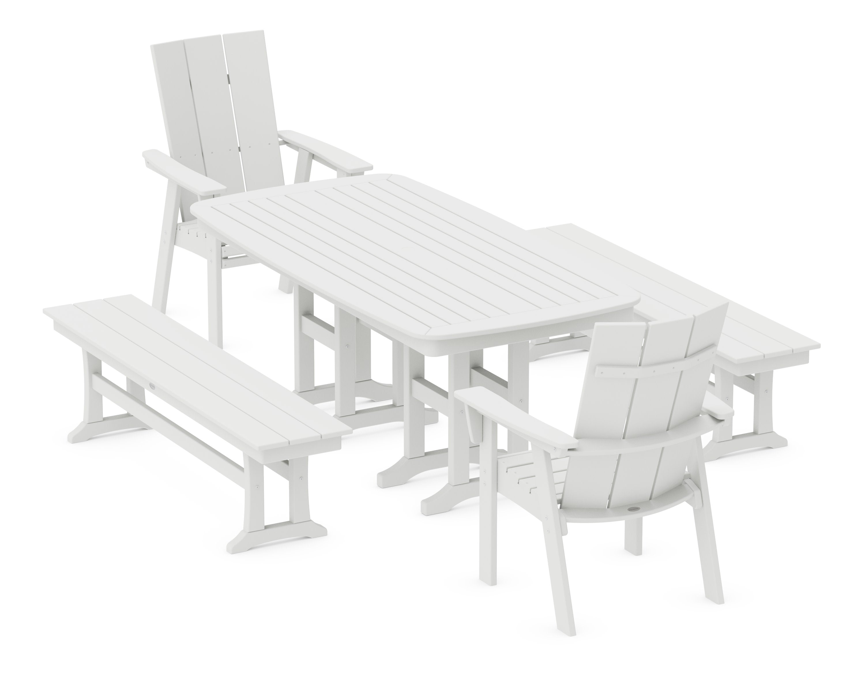 Modern Curveback Adirondack 5-Piece Dining Set with Benches in White