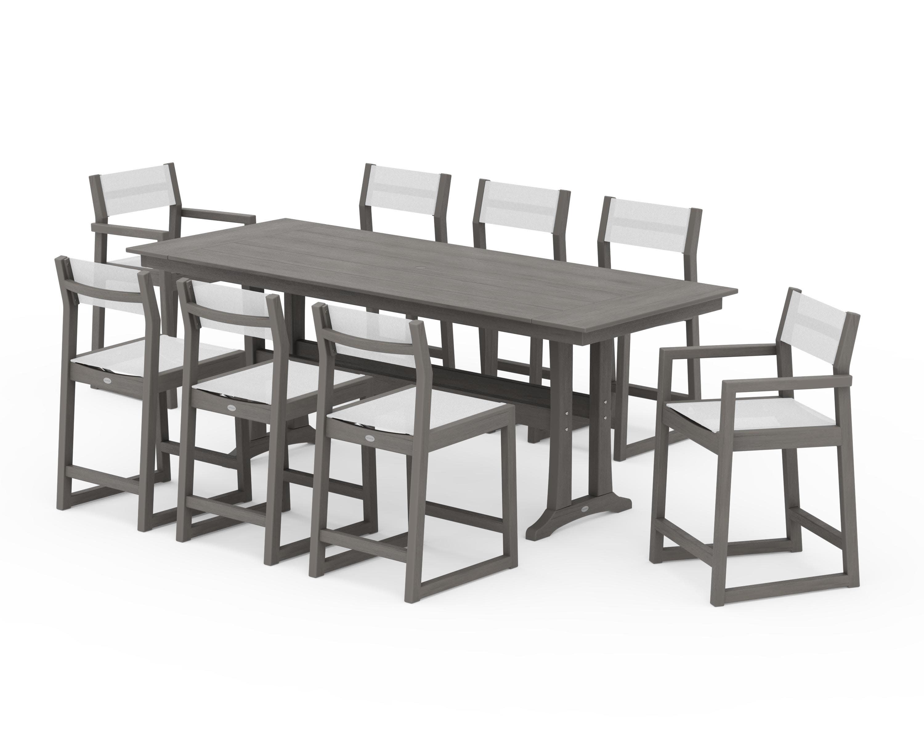 EDGE Sling 9-Piece Farmhouse Counter Set with Trestle Legs in Driftwood / White Sling