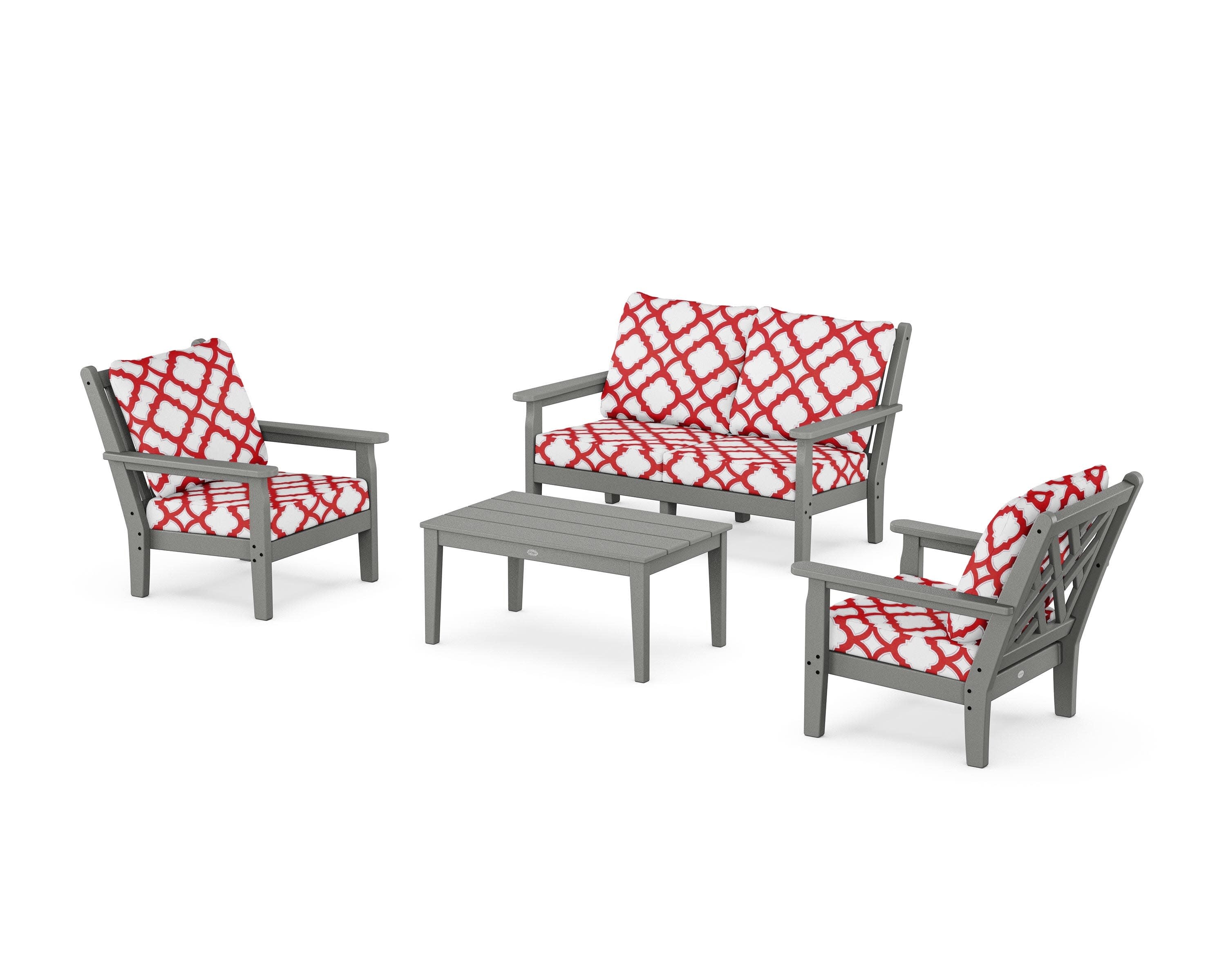 Chippendale 4-Piece Deep Seating Set with Loveseat in Slate Grey / Trellis Crimson