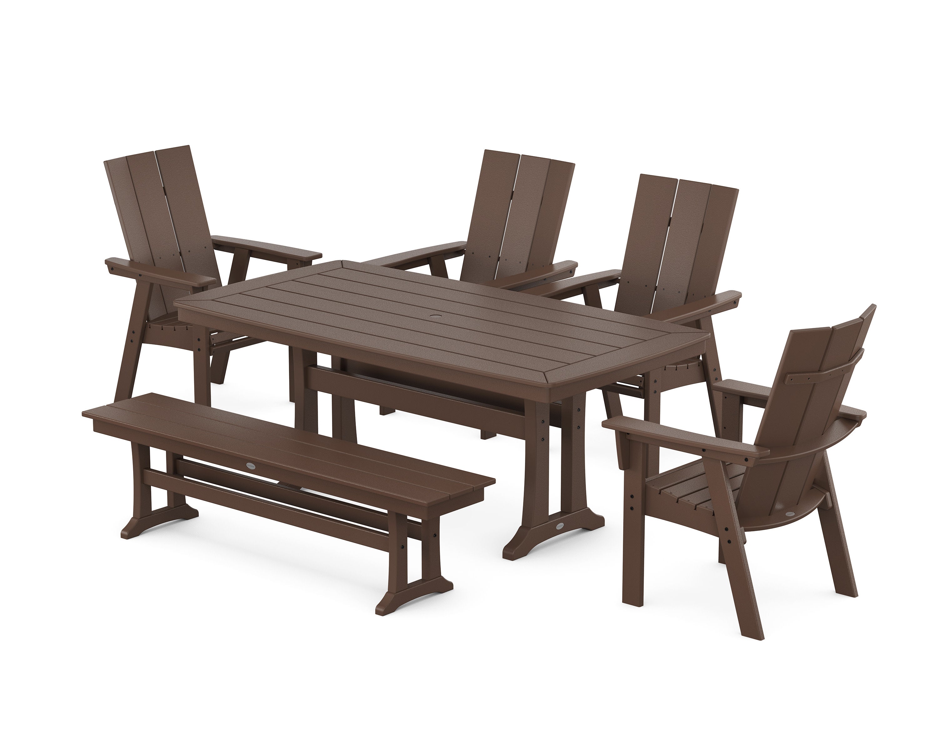 Modern Curveback Adirondack 6-Piece Farmhouse Dining Set with Trestle Legs and Bench in Mahogany