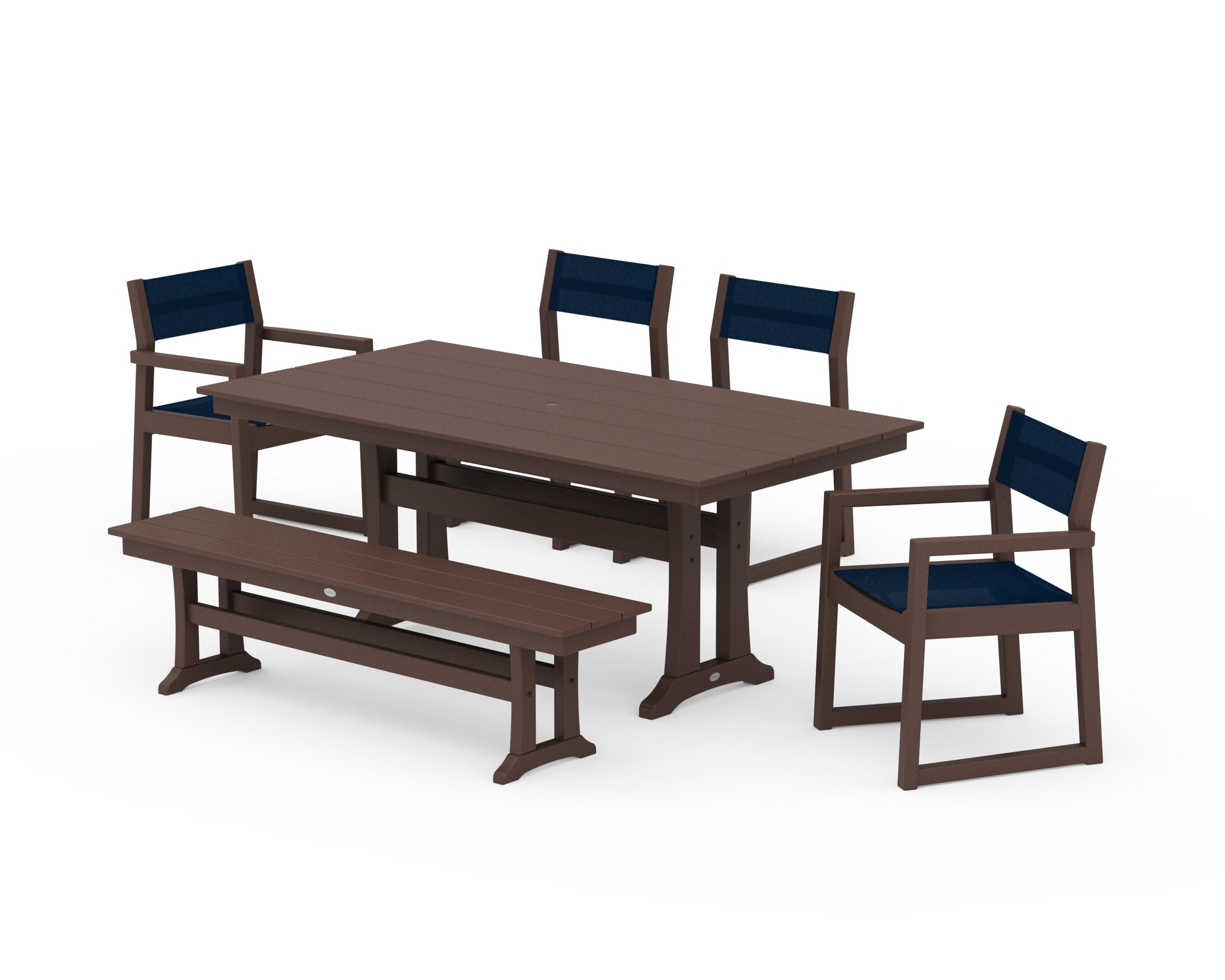 EDGE Sling 6-Piece Farmhouse Dining Set With Trestle Legs in Mahogany / Navy Blue Sling