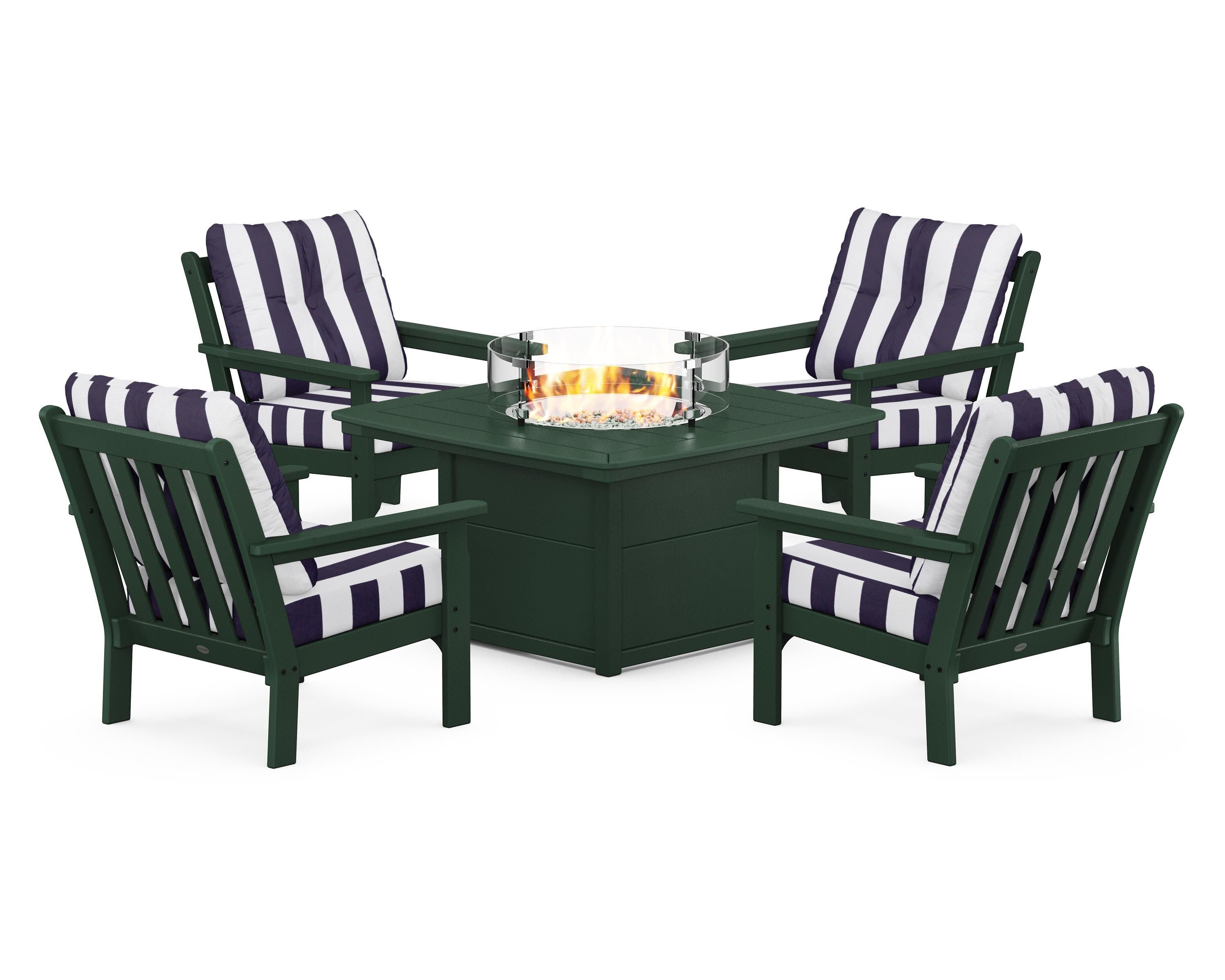 Vineyard 5-Piece Conversation Set with Fire Pit Table in Green / Cabana Stripe Navy