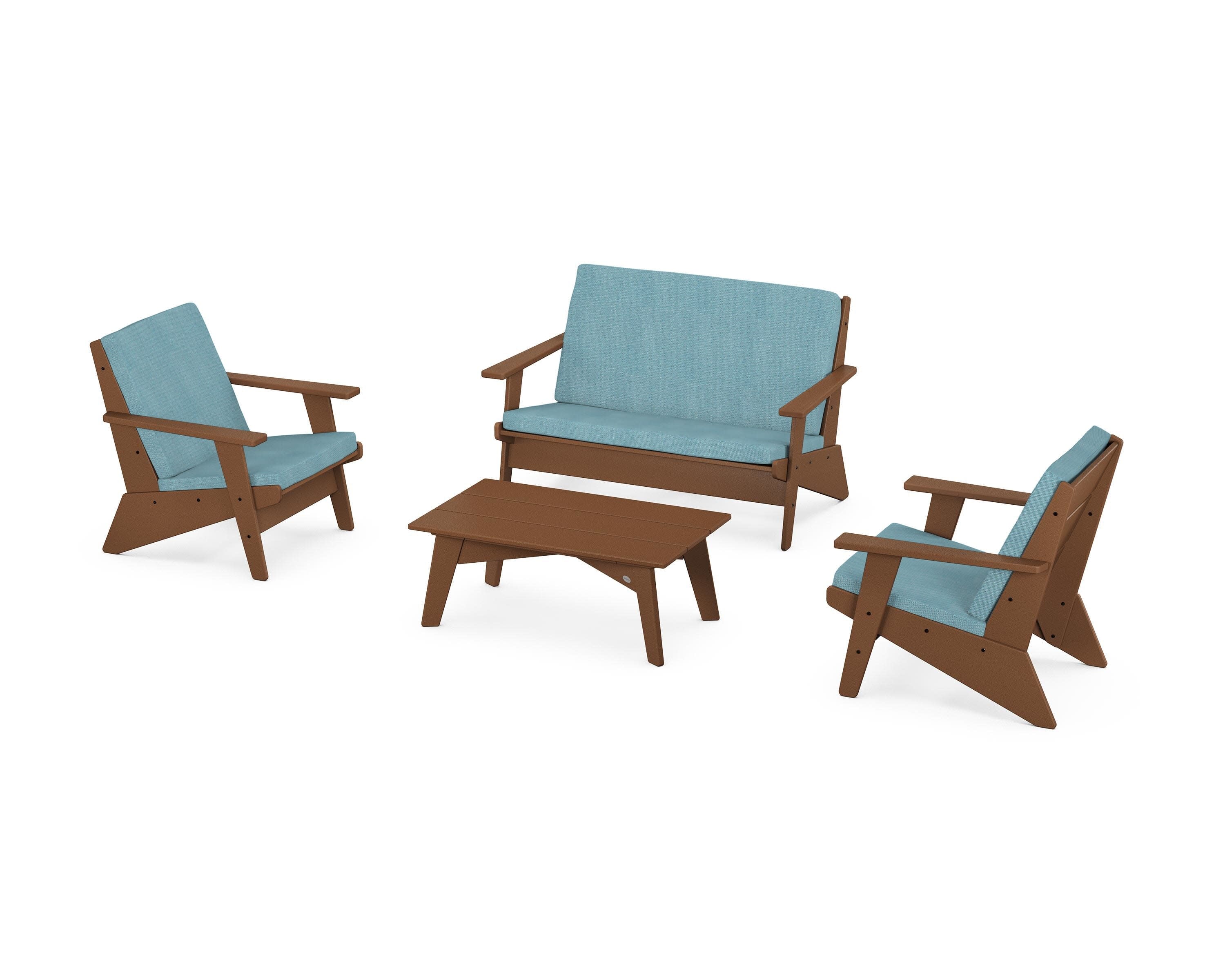 Riviera Modern Lounge 4-Piece Set in Teak / Lattice Sky Blue