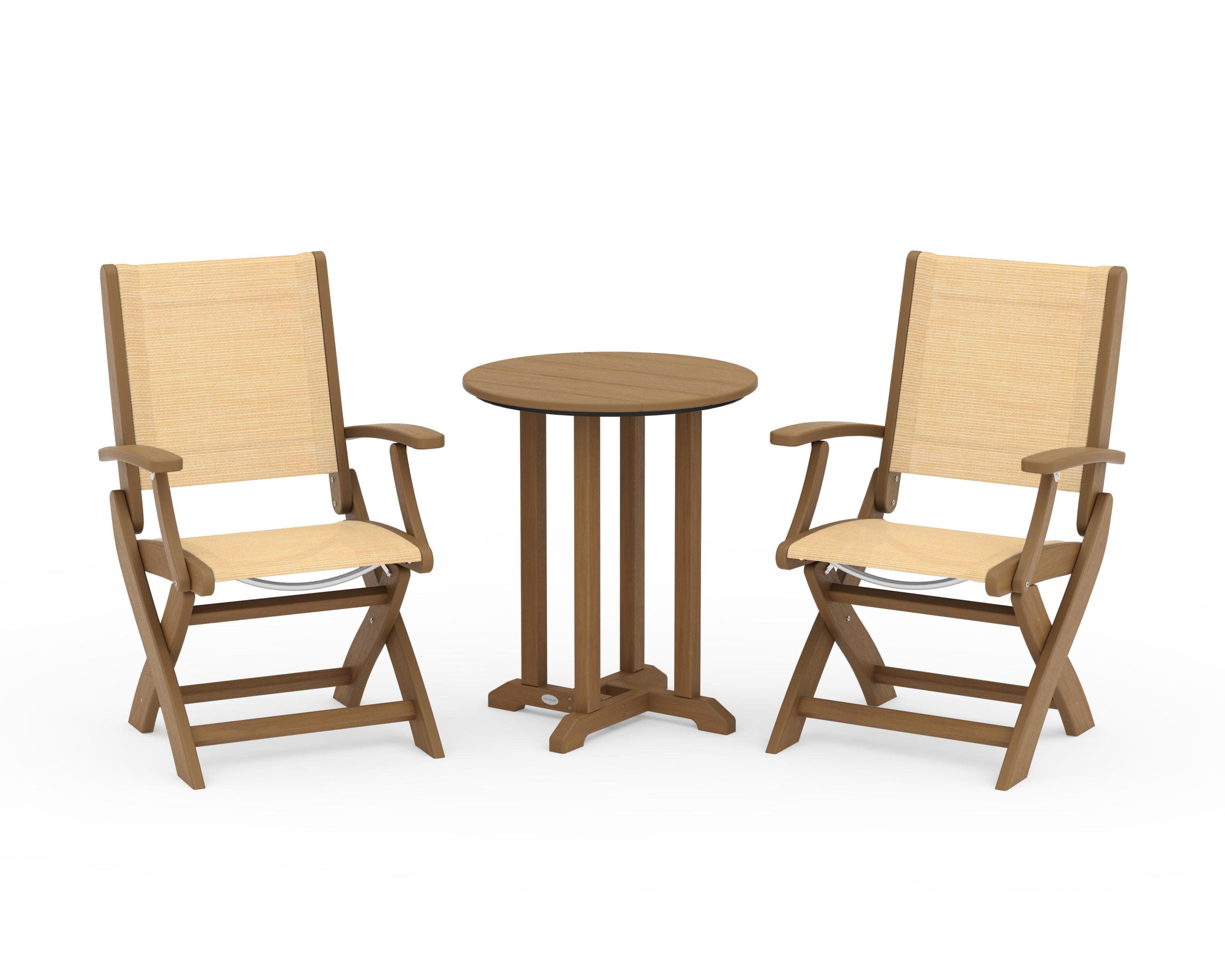 Coastal Folding 3-Piece Round Bistro Dining Set in Natural / Dupioni Apricot Sling