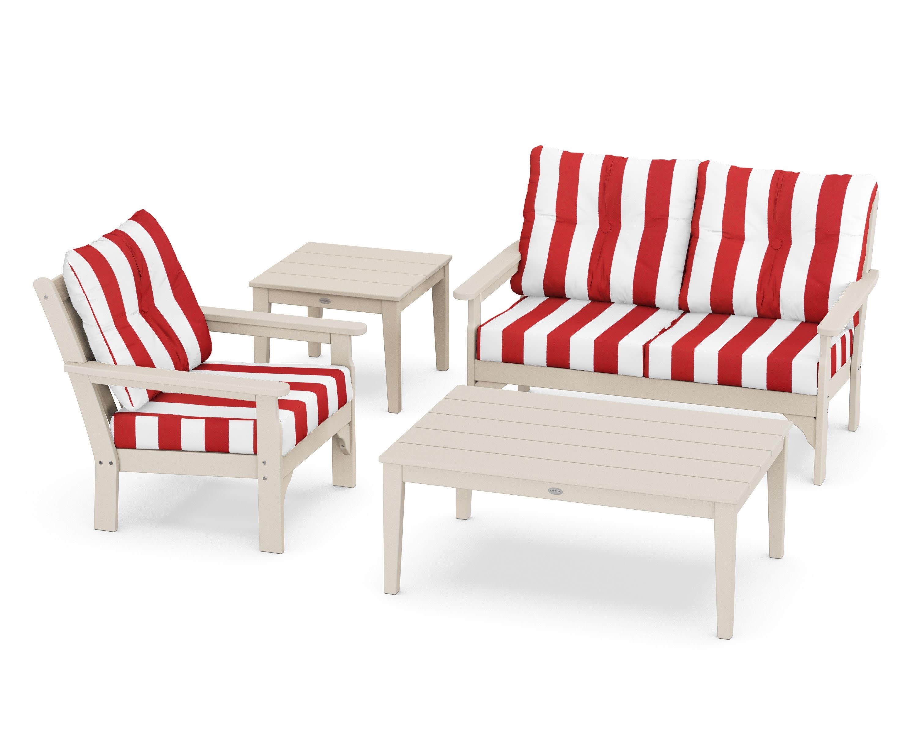 Vineyard 4-Piece Deep Seating Set in Sand / Cabana Stripe Crimson