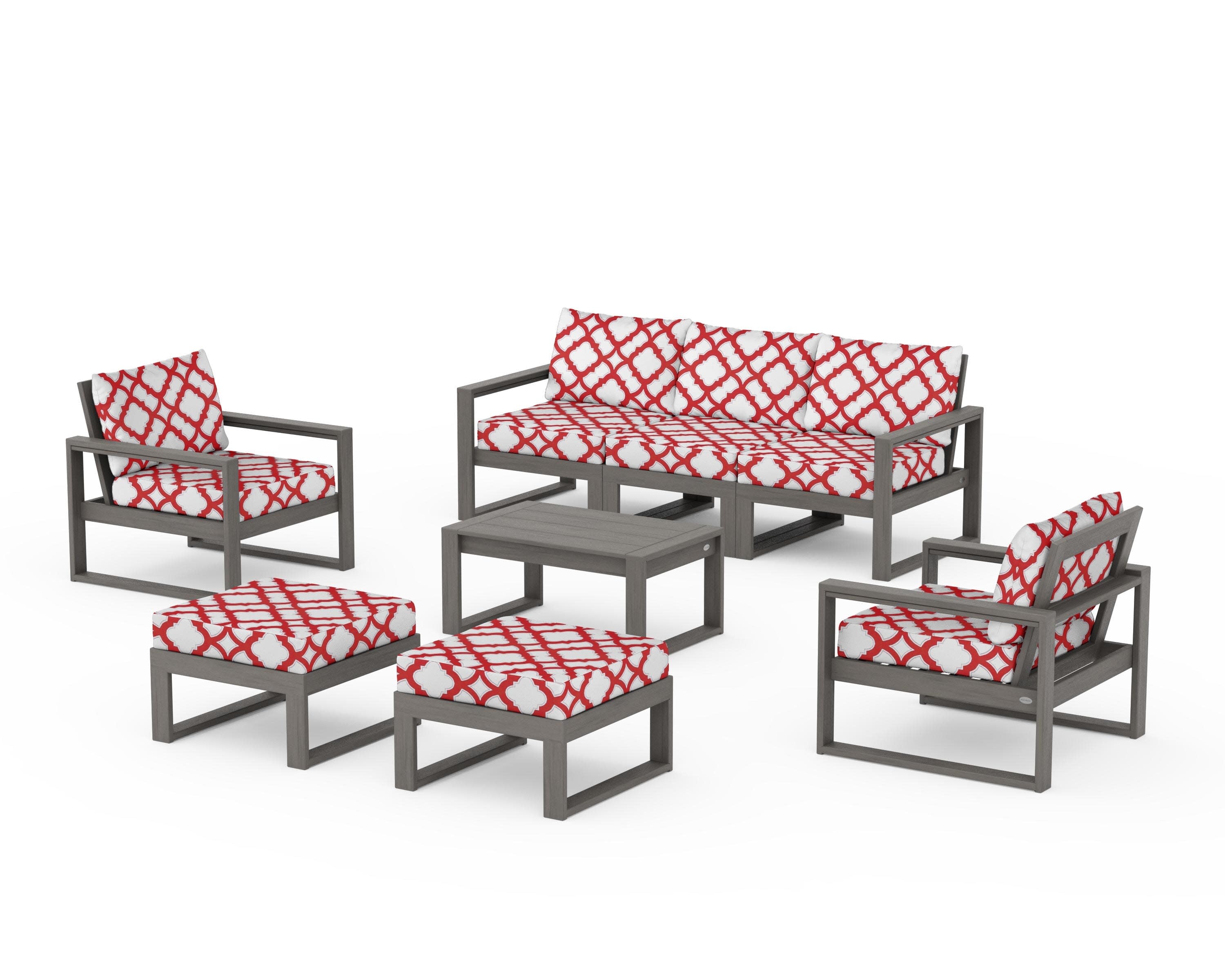EDGE Sectional 8-Piece Lounge Sofa Set in Driftwood / Trellis Crimson