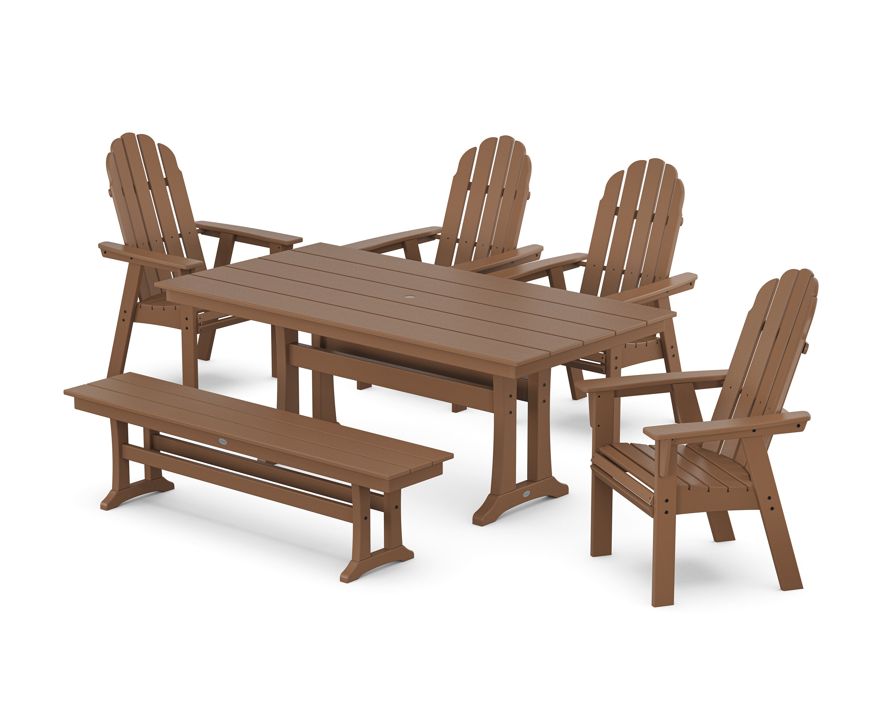 Vineyard Curveback Adirondack Chair 6-Piece Farmhouse Dining Set with Trestle Legs and Bench in Teak