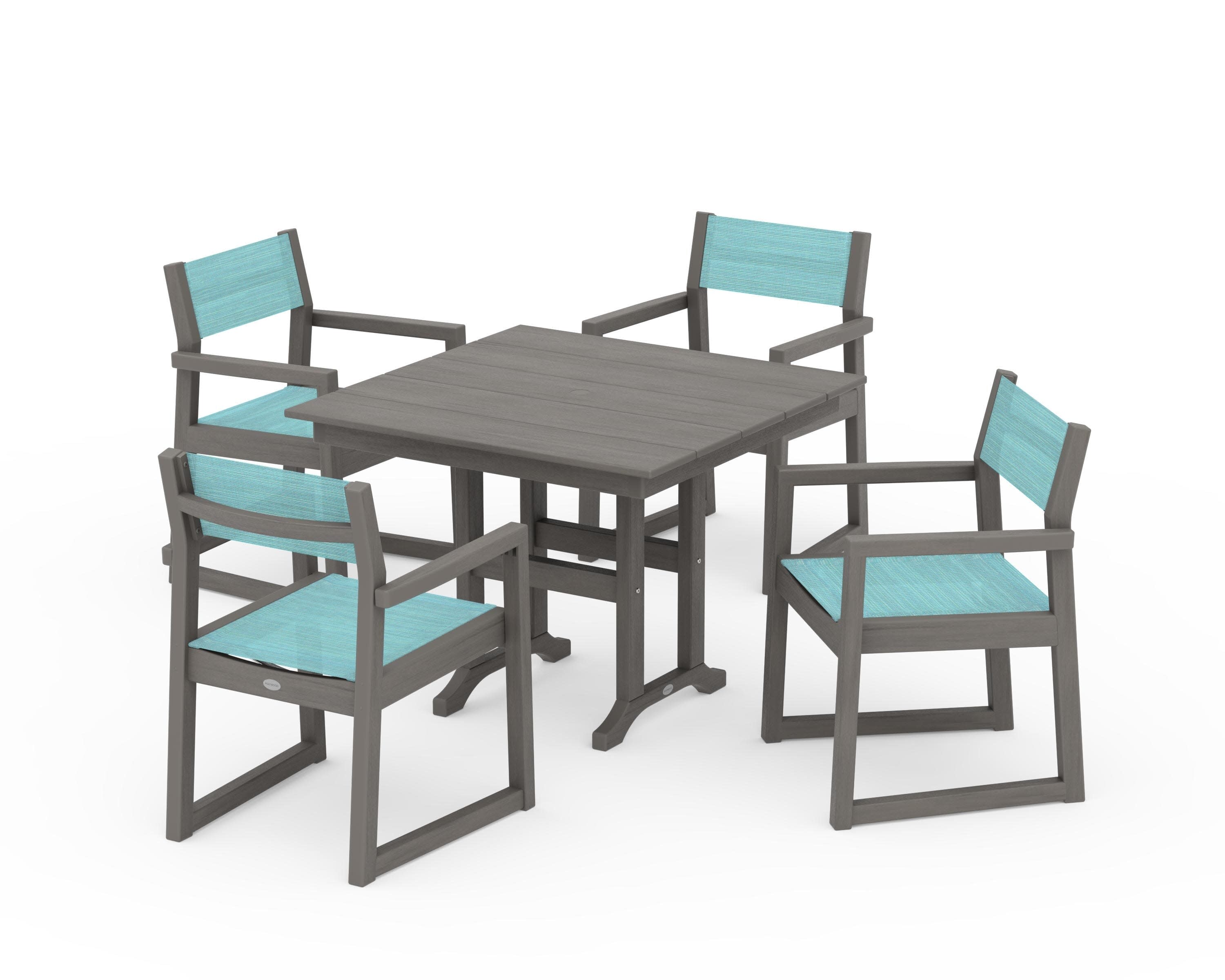 EDGE Sling Arm Chair 5-Piece Farmhouse Dining Set in Driftwood / Dupioni Aquamarine Sling