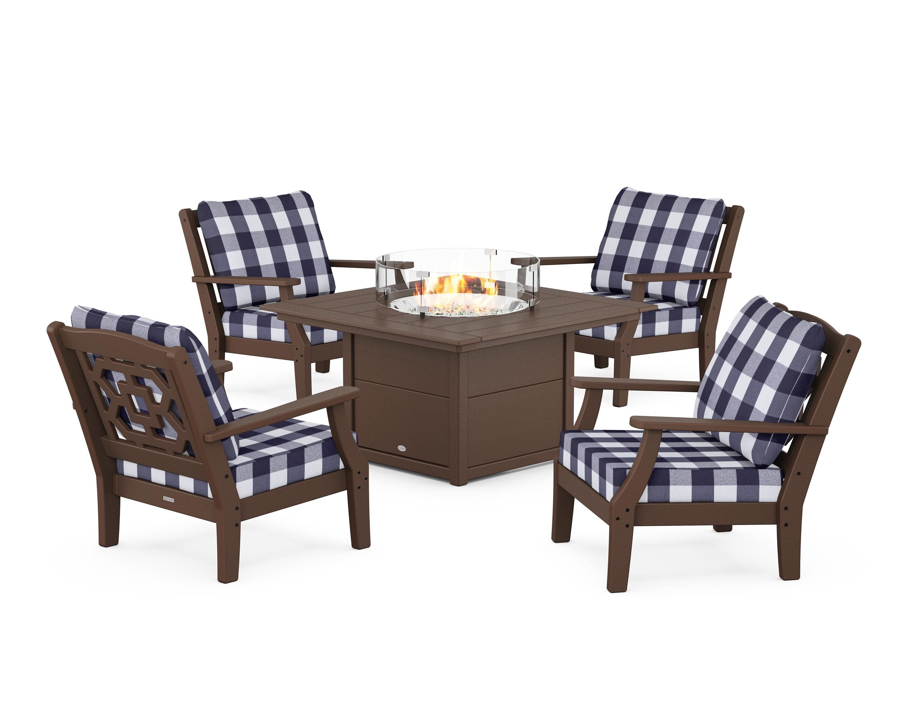 Chinoiserie 5-Piece Deep Seating Set with Fire Pit Table in Mahogany / Buffalo Plaid Navy