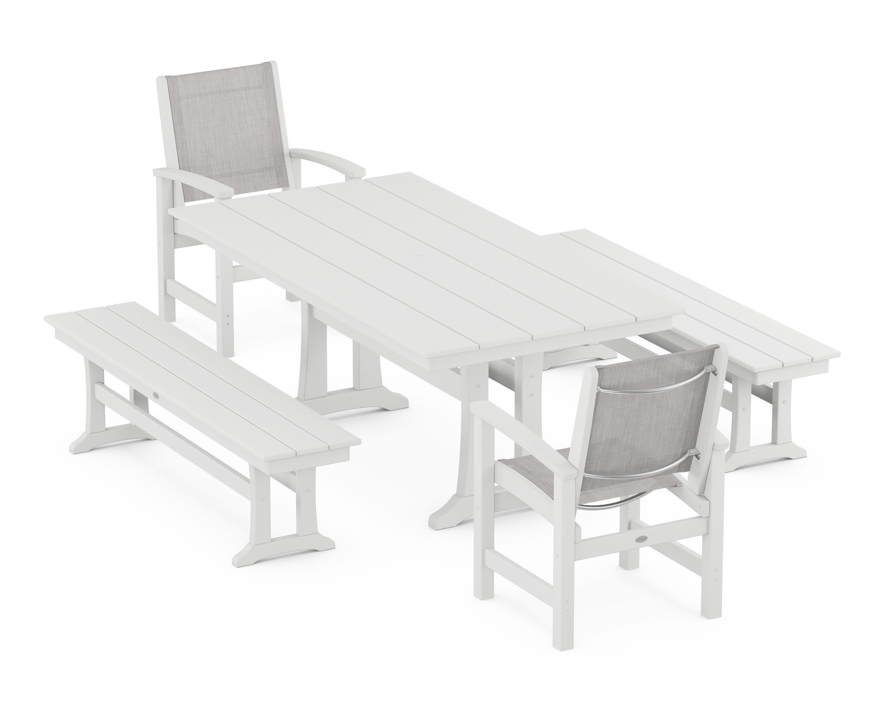 Coastal 5-Piece Farmhouse Dining Set with Trestle Legs and Benches in White / Parchment Sling