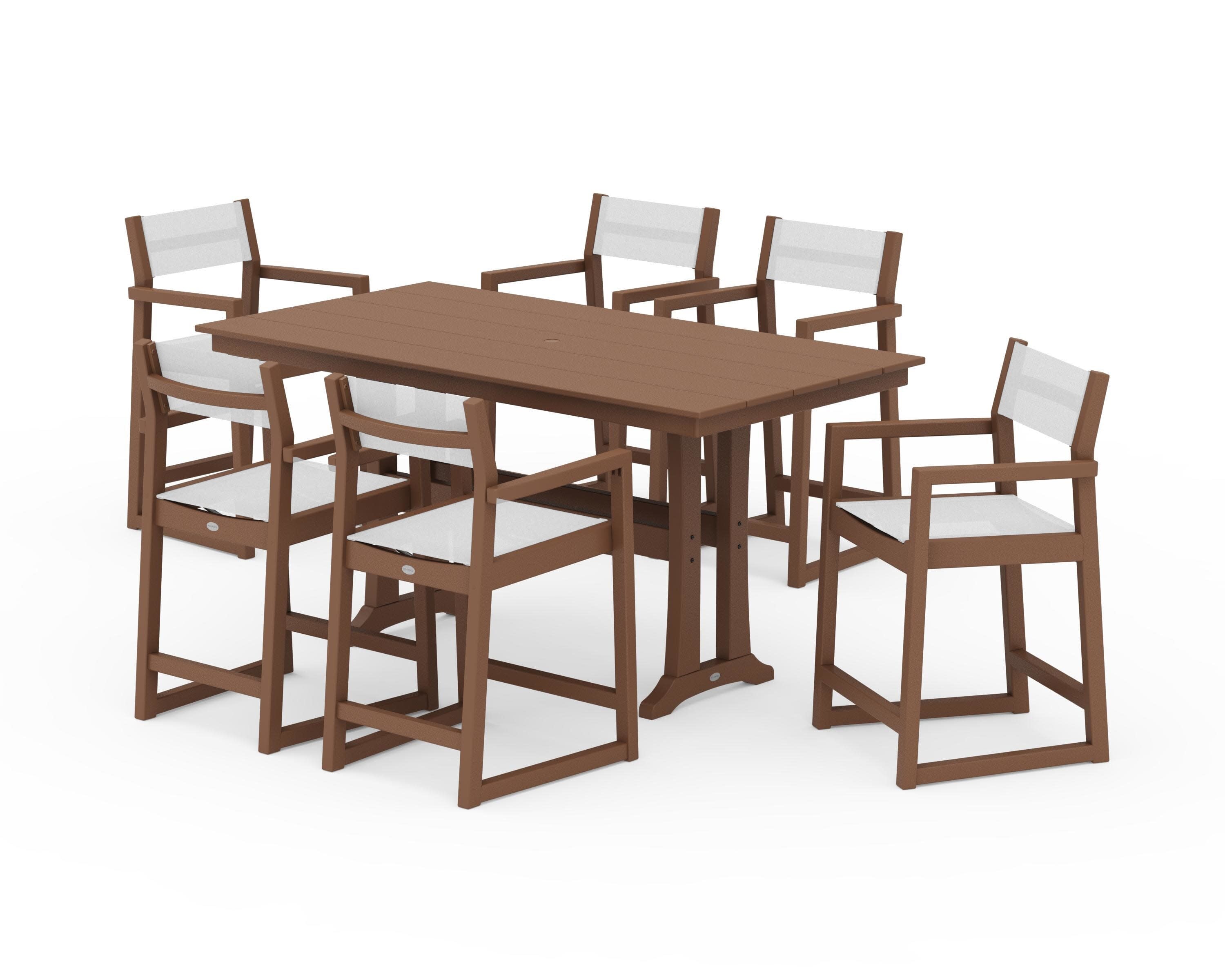 EDGE Sling Arm Chair 7-Piece Farmhouse Counter Set with Trestle Legs in Teak / White Sling