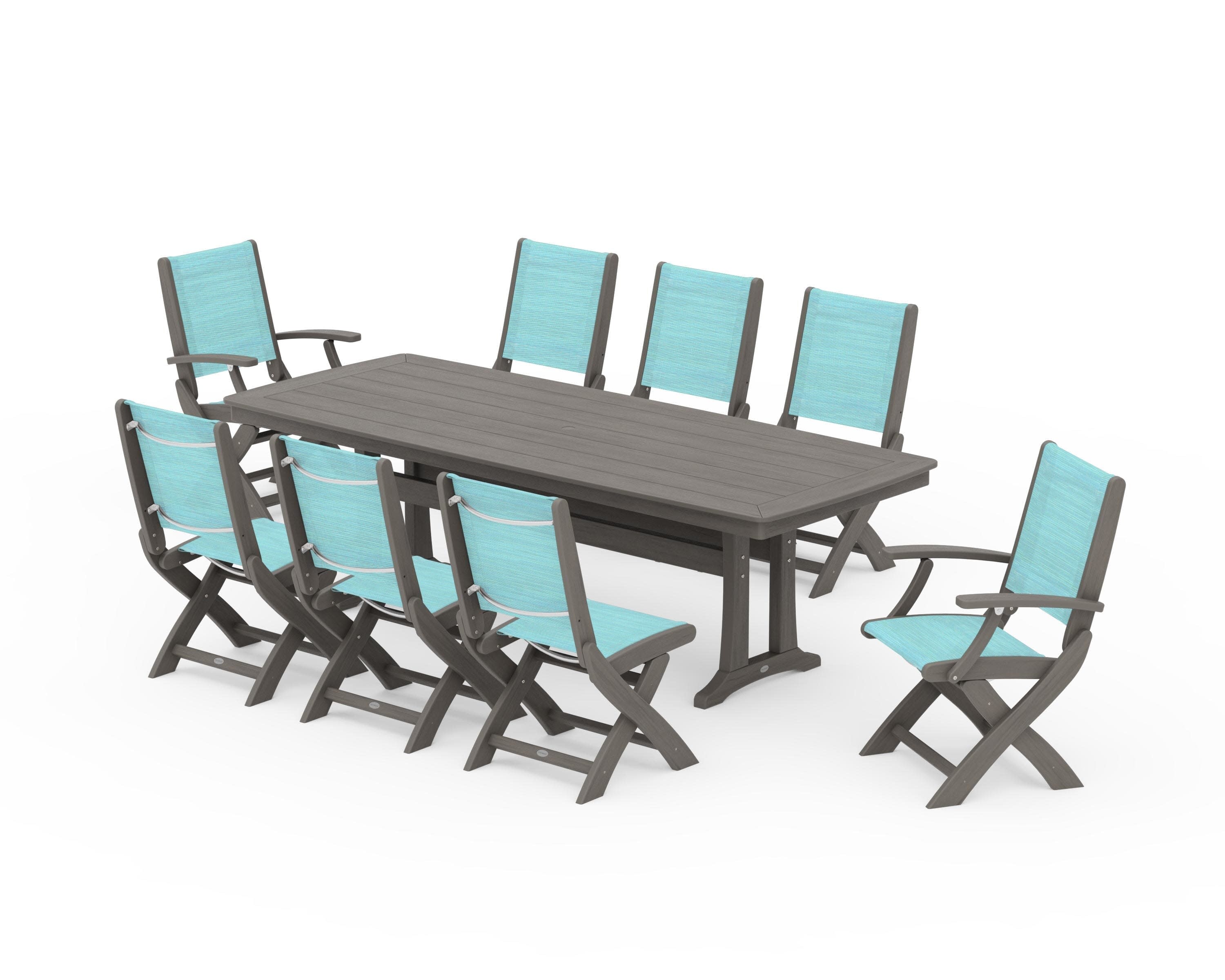 Coastal Folding 9-Piece Dining Set with Trestle Legs in Driftwood / Dupioni Aquamarine Sling