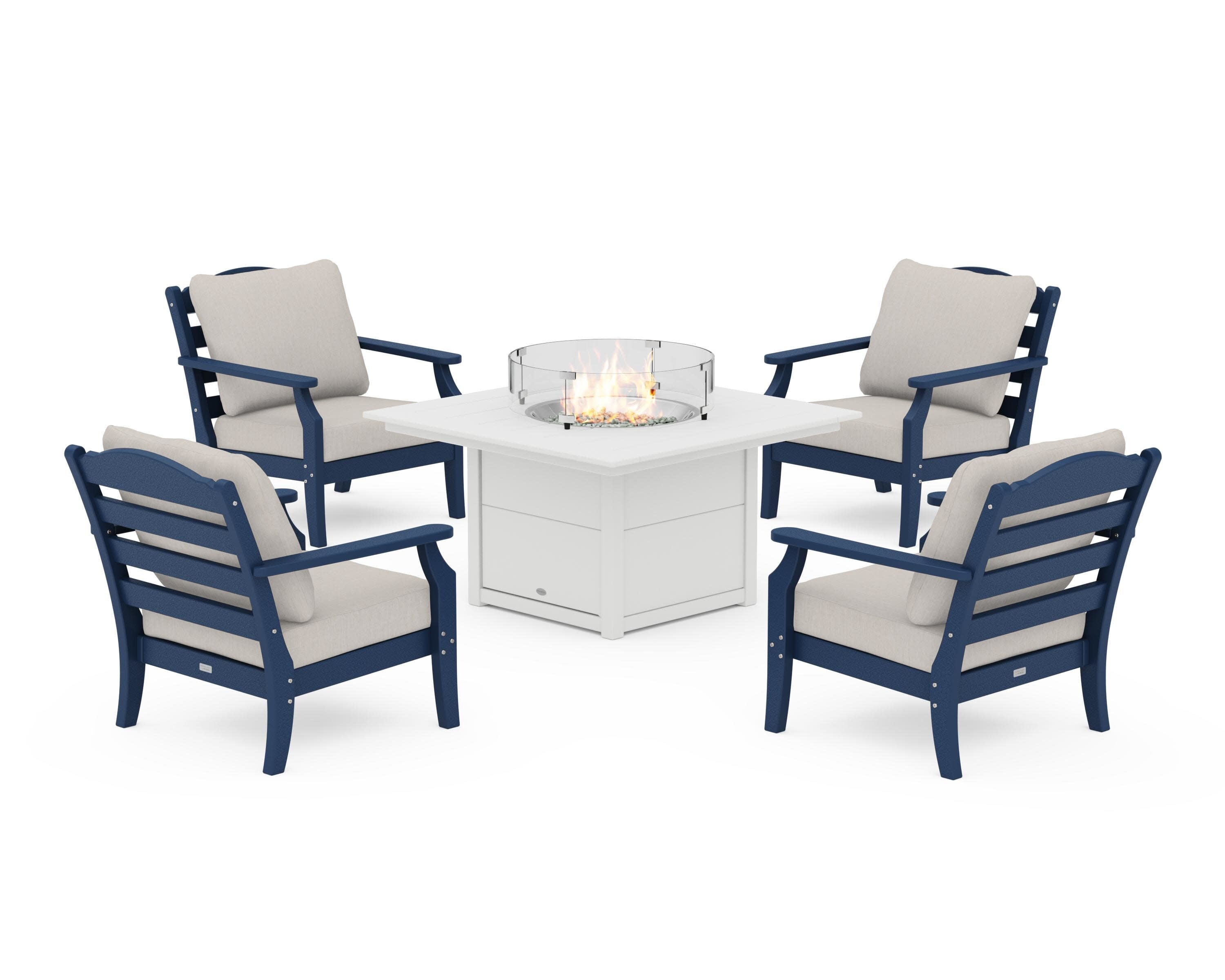 Savannah 5-Piece Deep Seating Set with Fire Pit Table in Navy / Cast Ash