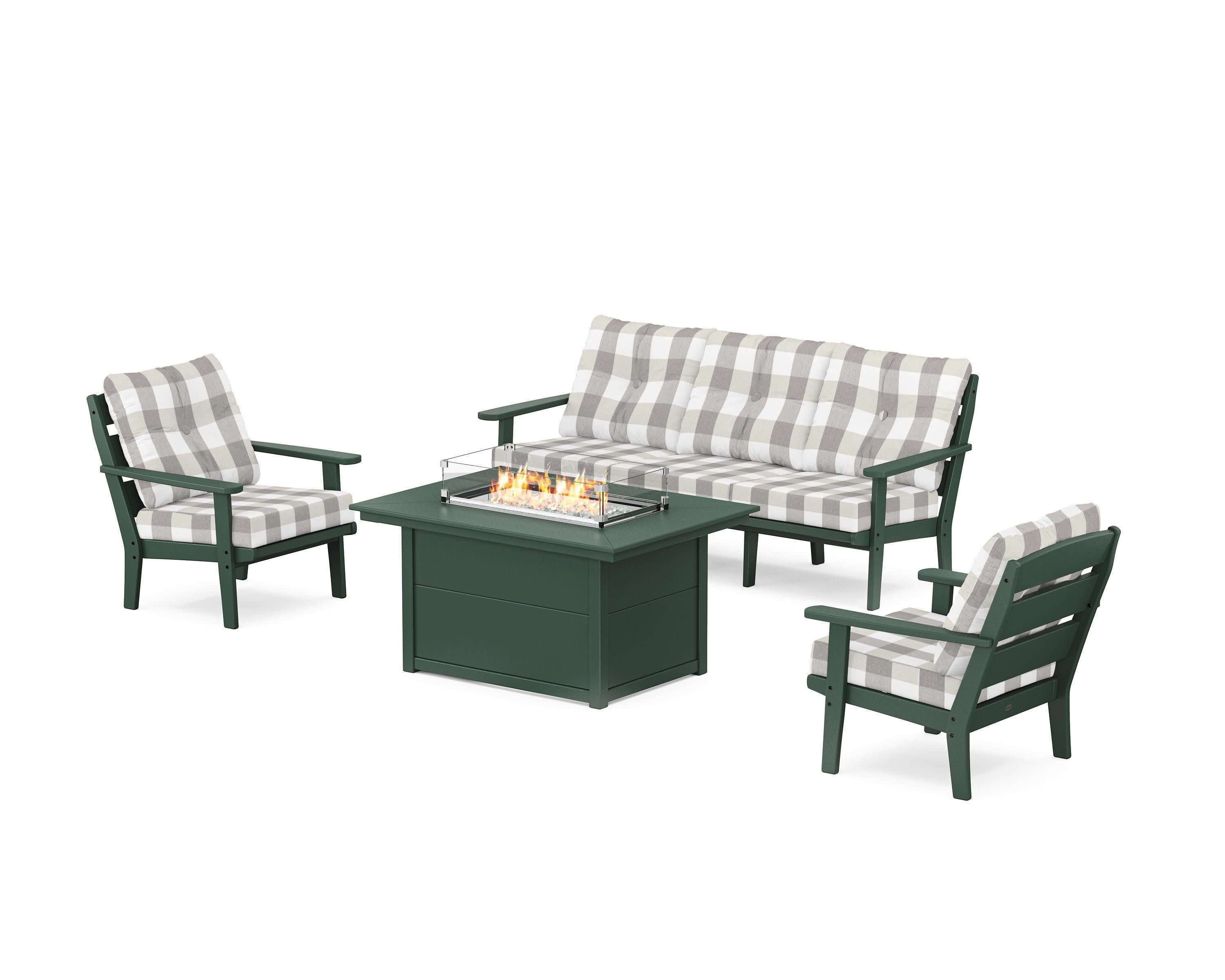 Lakeside Deep Seating Fire Pit Table Set in Green / Buffalo Plaid Grey Mist