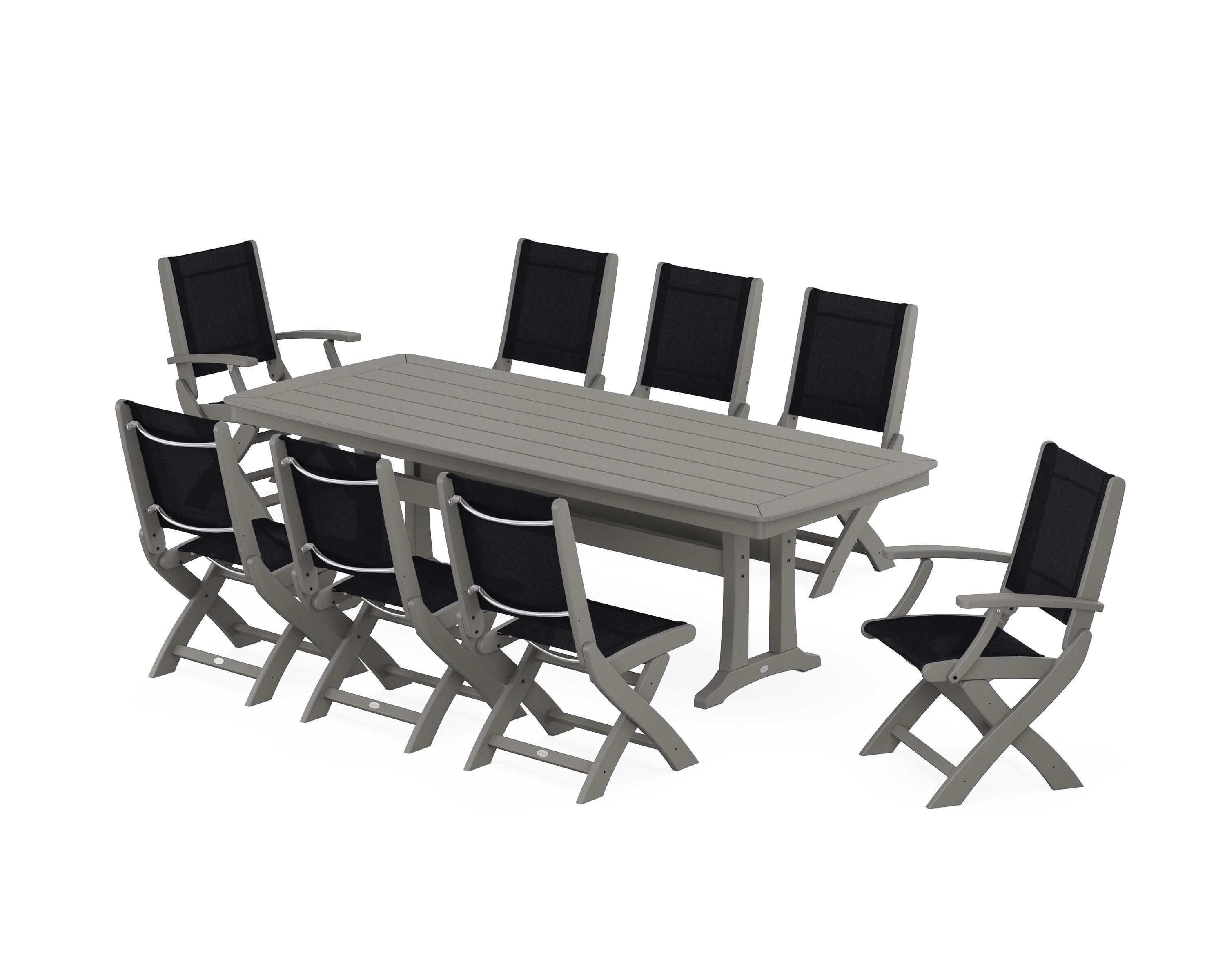 Coastal Folding 9-Piece Dining Set with Trestle Legs in Slate Grey / Black Sling