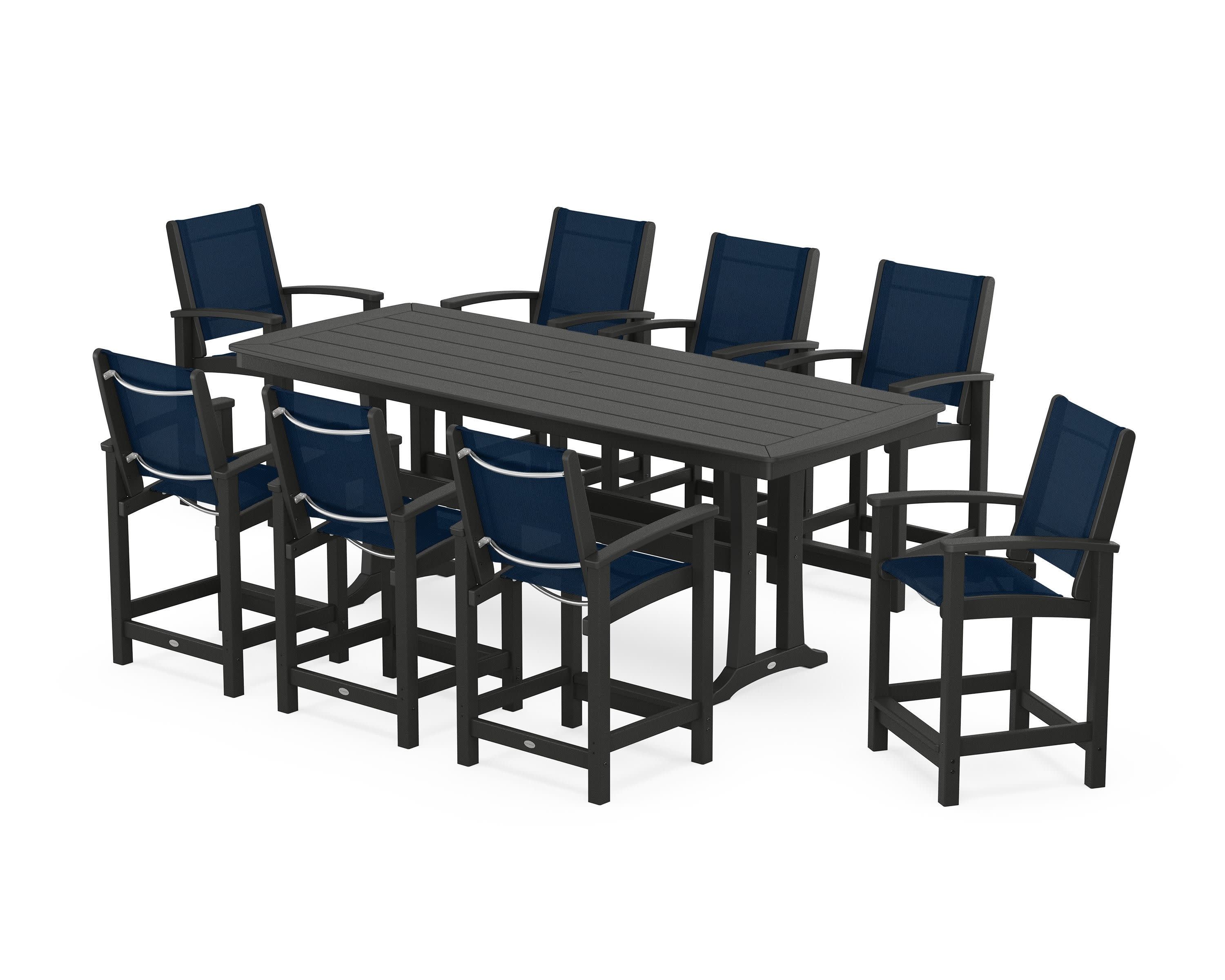 Coastal 9-Piece Counter Set with Trestle Legs in Black / Navy Blue Sling