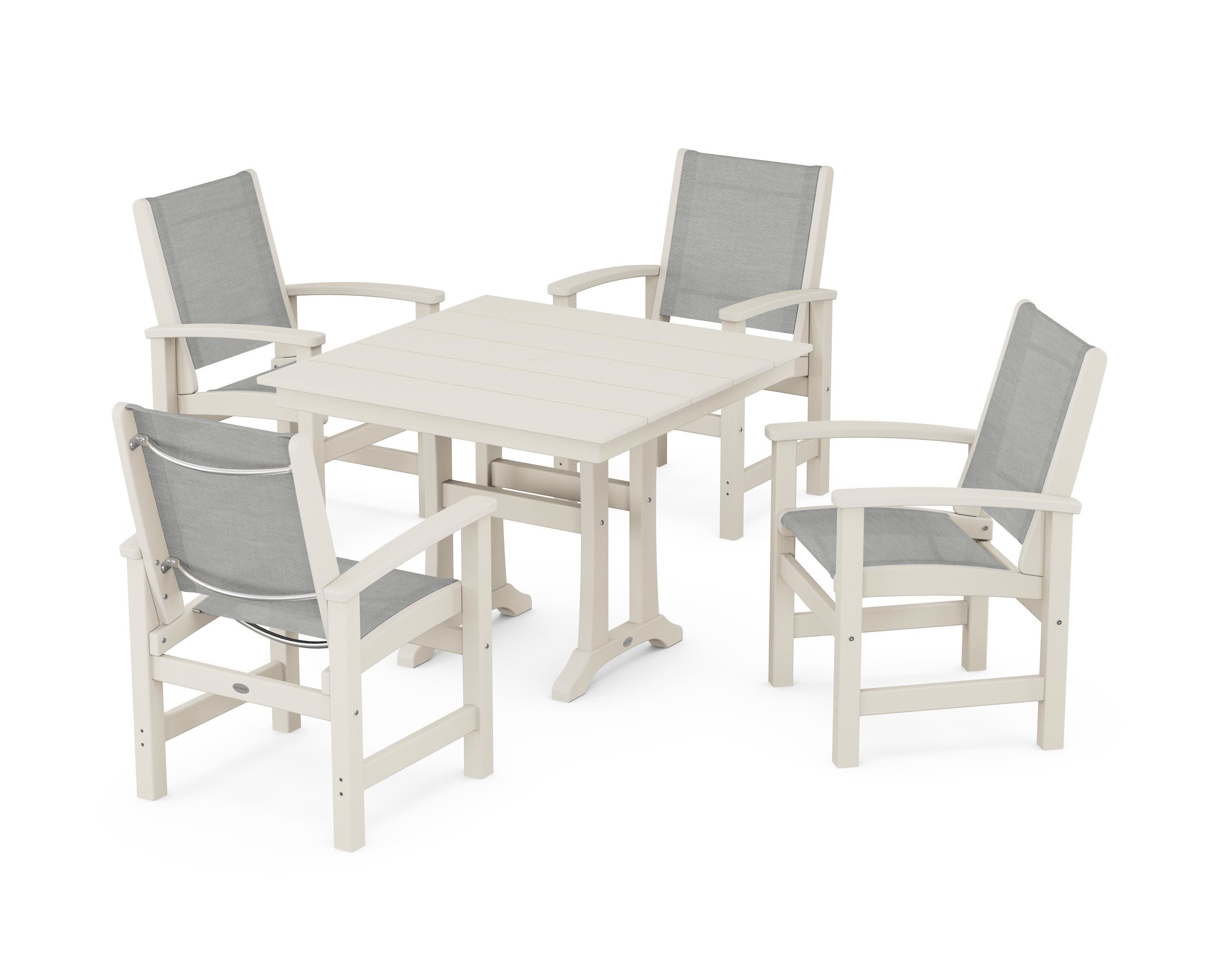Coastal 5-Piece Farmhouse Dining Set With Trestle Legs in Sand / Metallic Sling