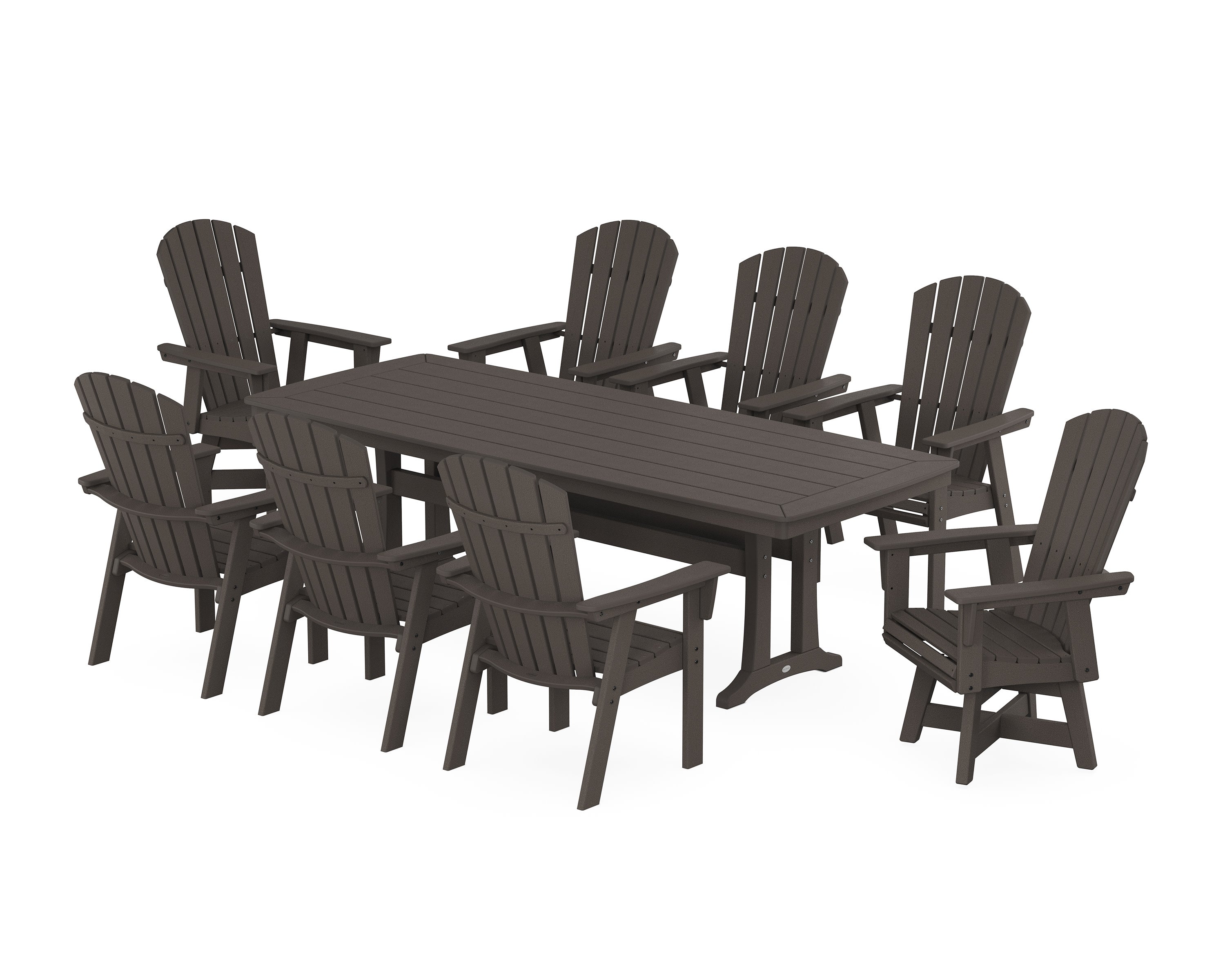 Nautical Curveback Adirondack Swivel 9-Piece Dining Set with Trestle Legs in Vintage Coffee
