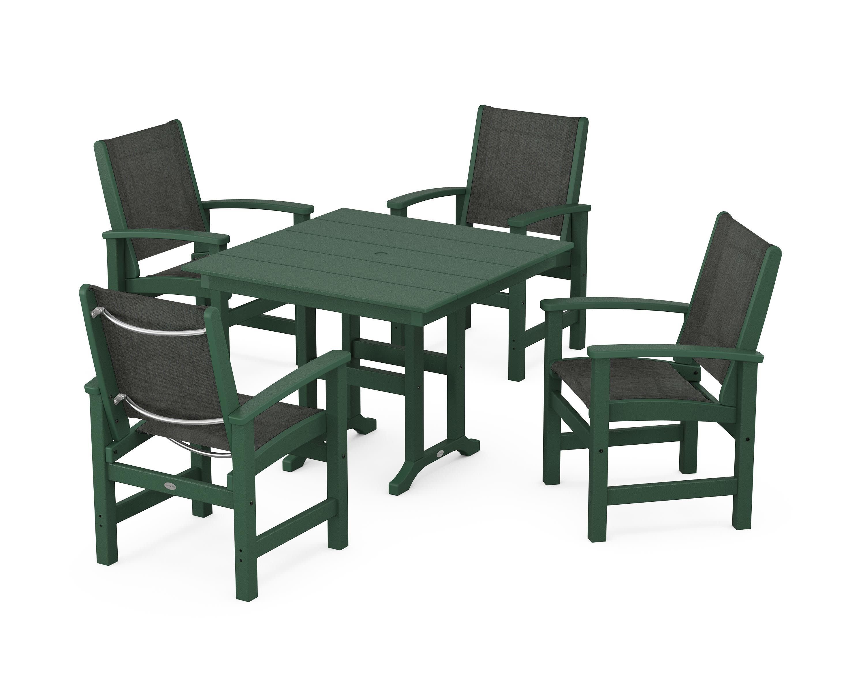 Coastal 5-Piece Farmhouse Dining Set in Green / Ember Sling