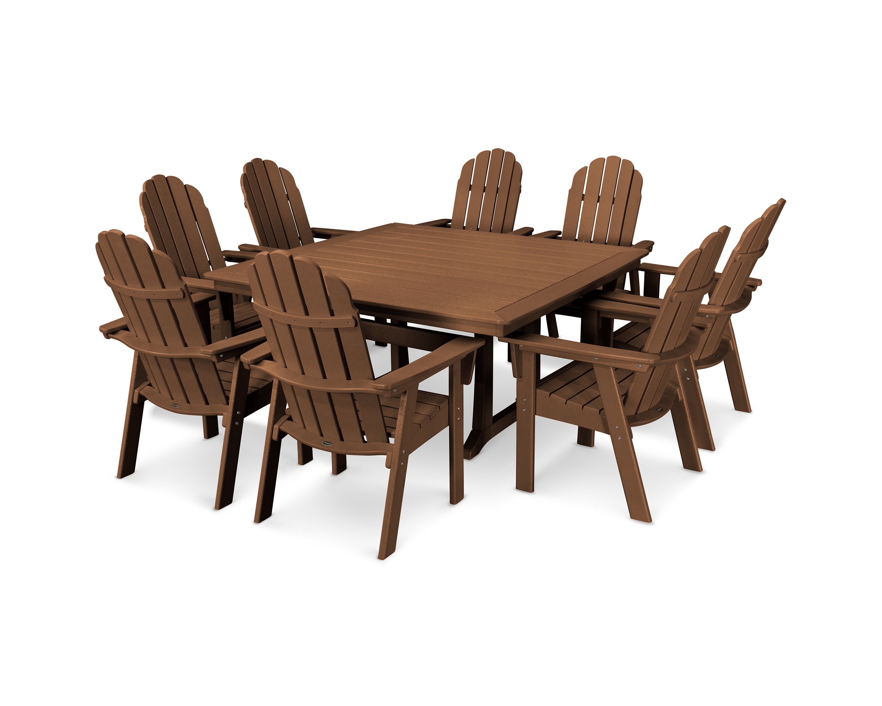 Vineyard Curveback Adirondack 9-Piece Nautical Trestle Dining Set in Teak